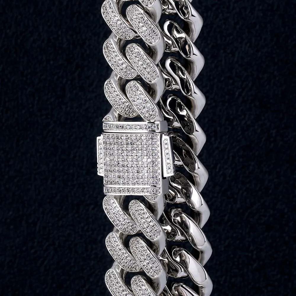 KRKC 18mm Iced Out Mens Cuban Chain and Bracelet Set in White Gold