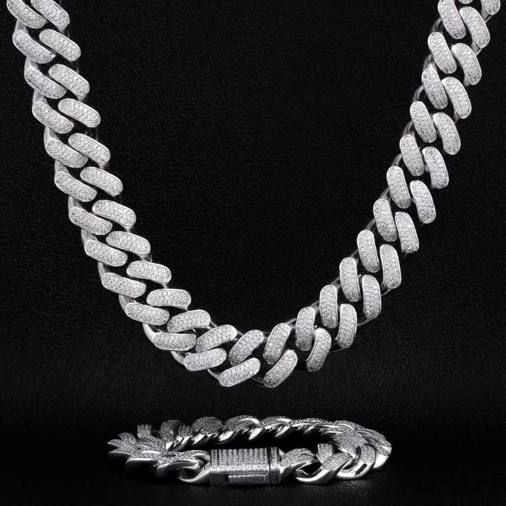 KRKC 18mm Iced Out Mens Cuban Chain and Bracelet Set in White Gold