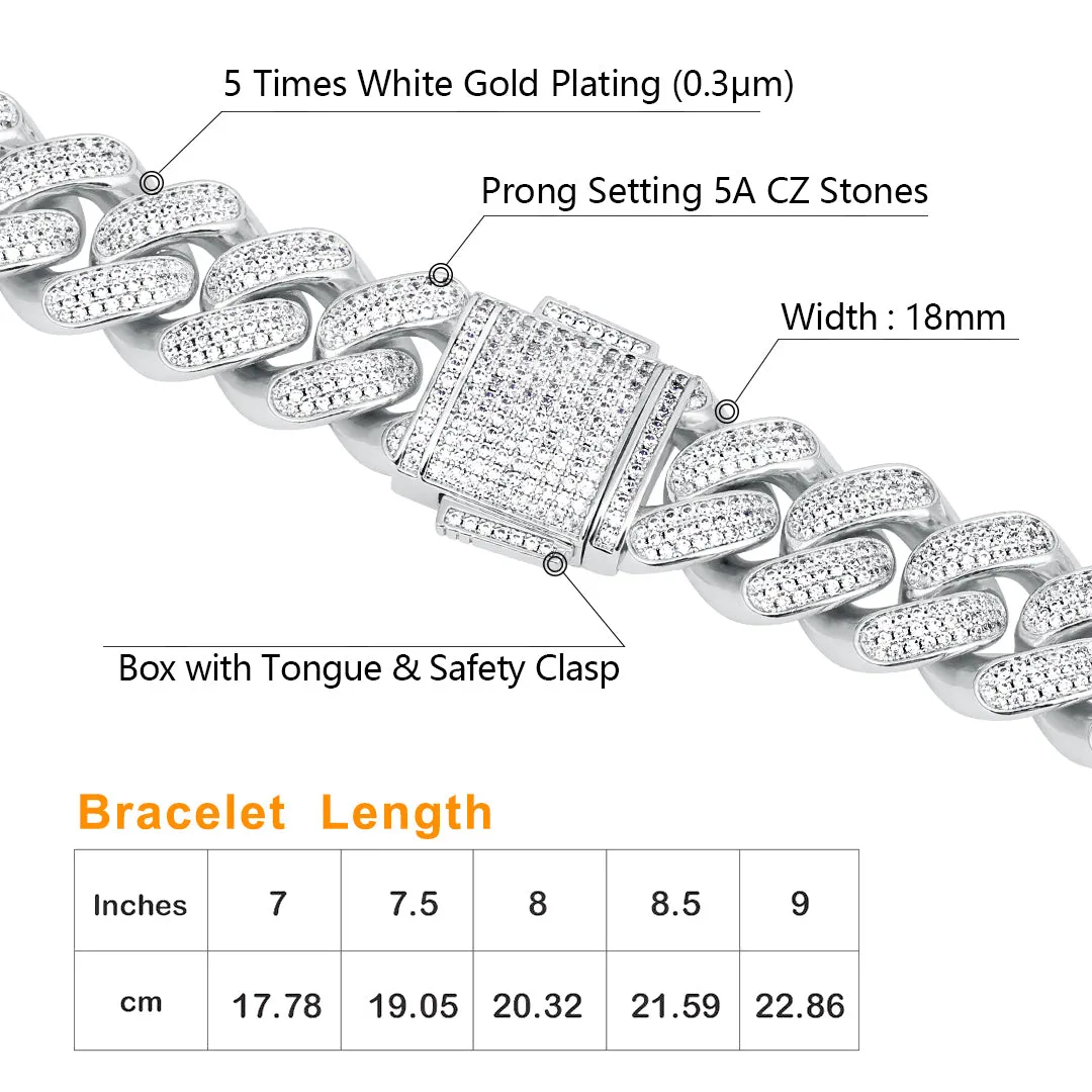 KRKC 18mm Iced Out Mens Cuban Chain and Bracelet Set in White Gold