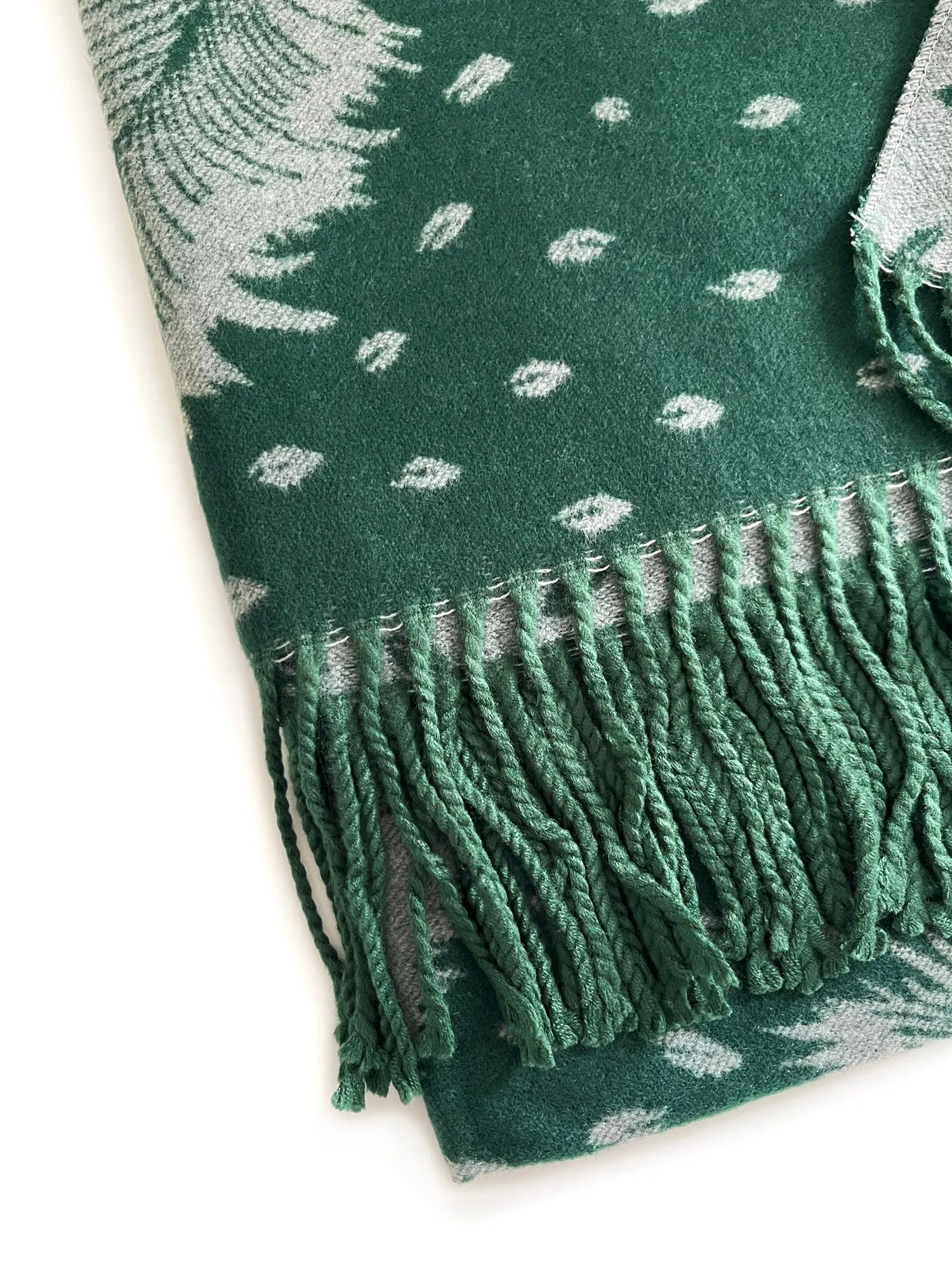 LARGE GREEN CASHMERE FEATHER PRINT REVERSIBLE WINTER SHAWL BLANKET SCARF