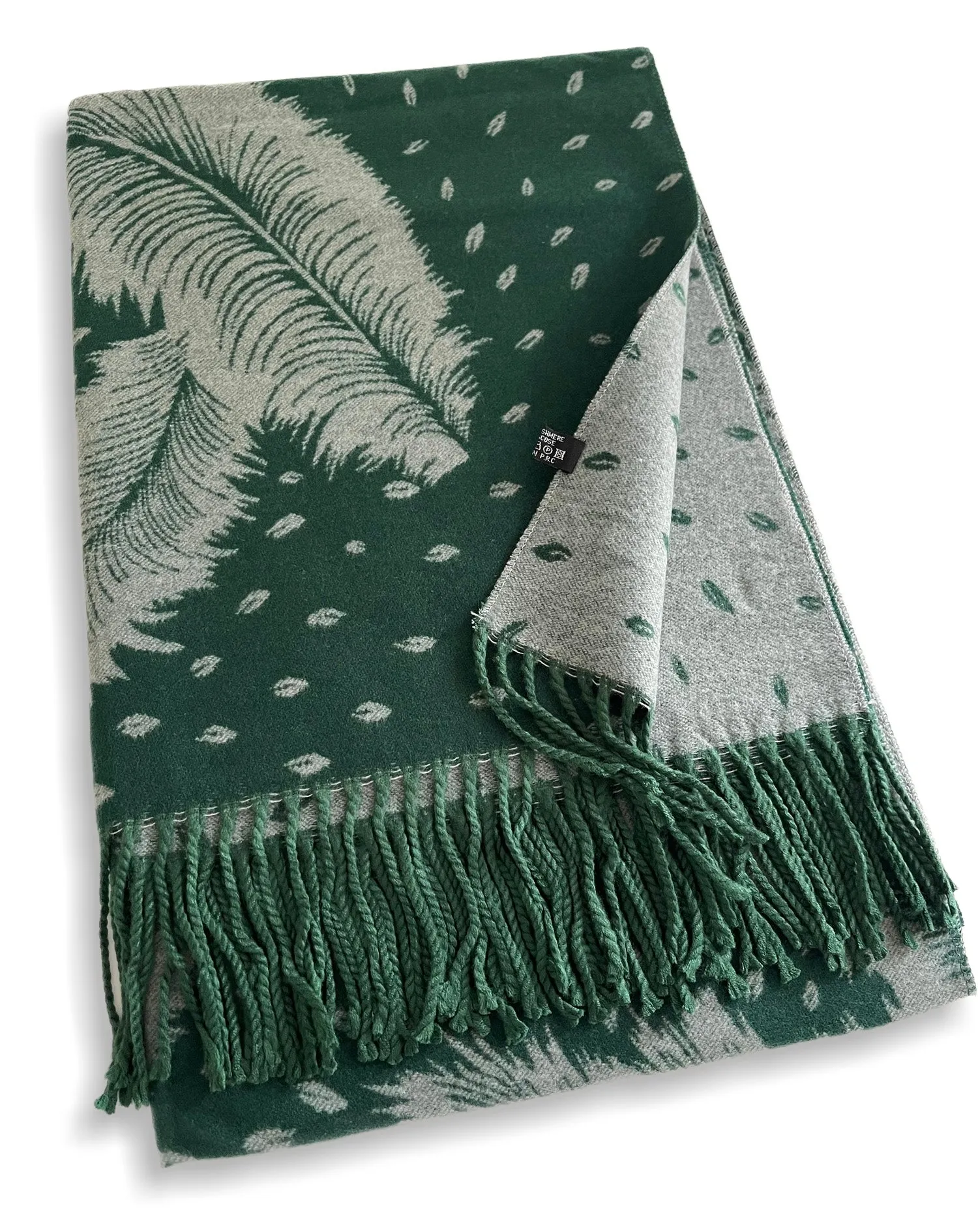 LARGE GREEN CASHMERE FEATHER PRINT REVERSIBLE WINTER SHAWL BLANKET SCARF