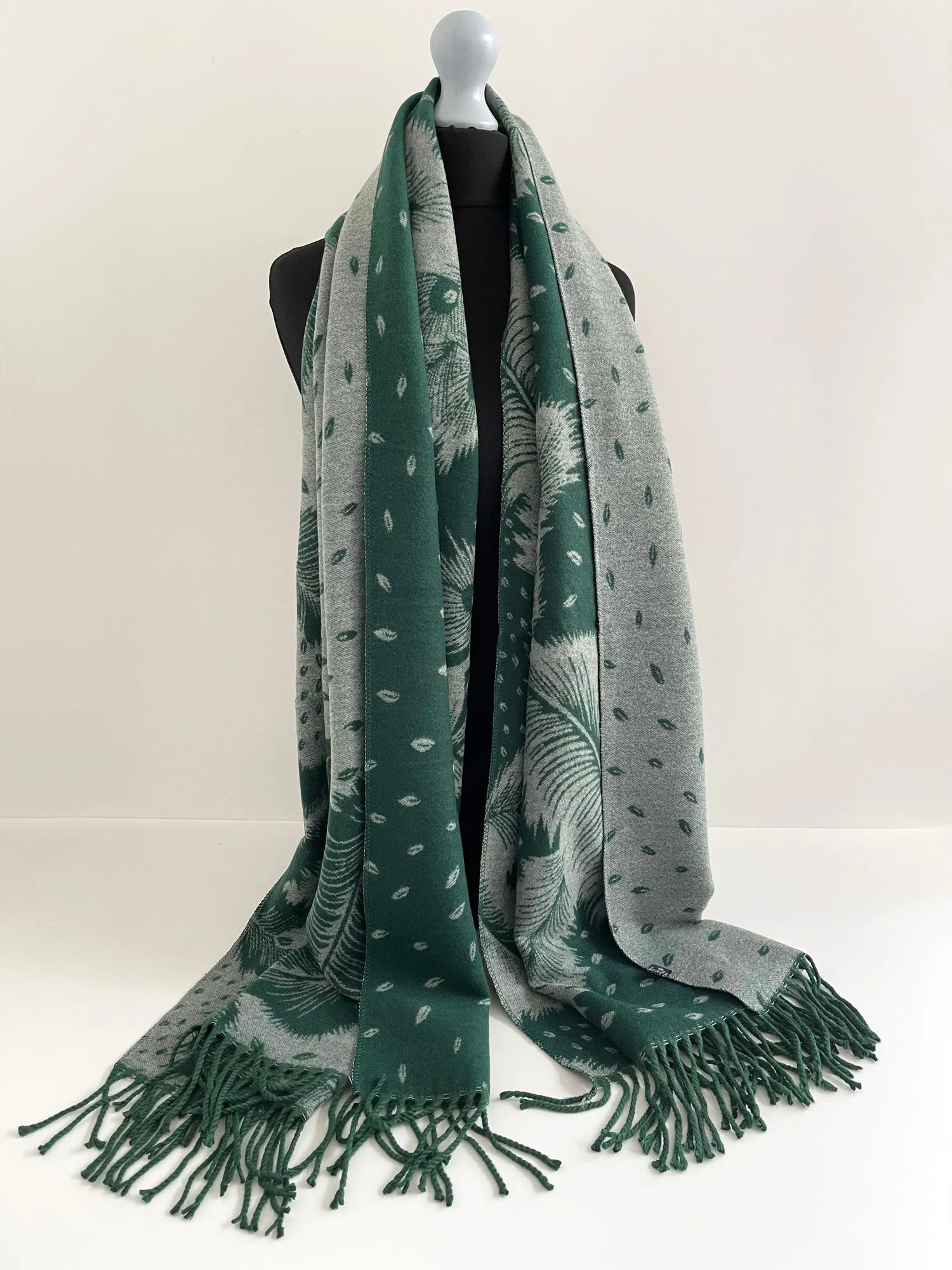 LARGE GREEN CASHMERE FEATHER PRINT REVERSIBLE WINTER SHAWL BLANKET SCARF