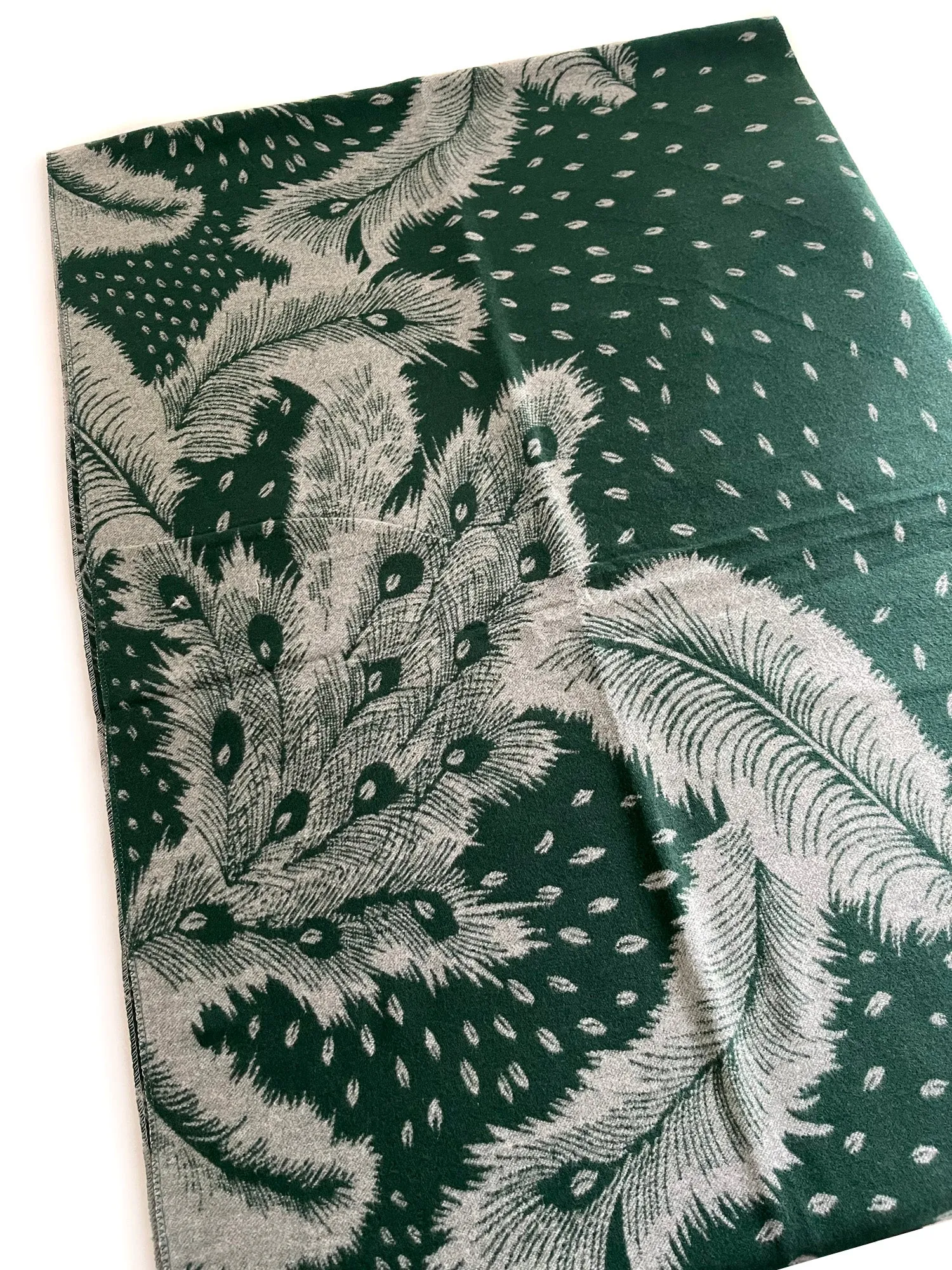 LARGE GREEN CASHMERE FEATHER PRINT REVERSIBLE WINTER SHAWL BLANKET SCARF