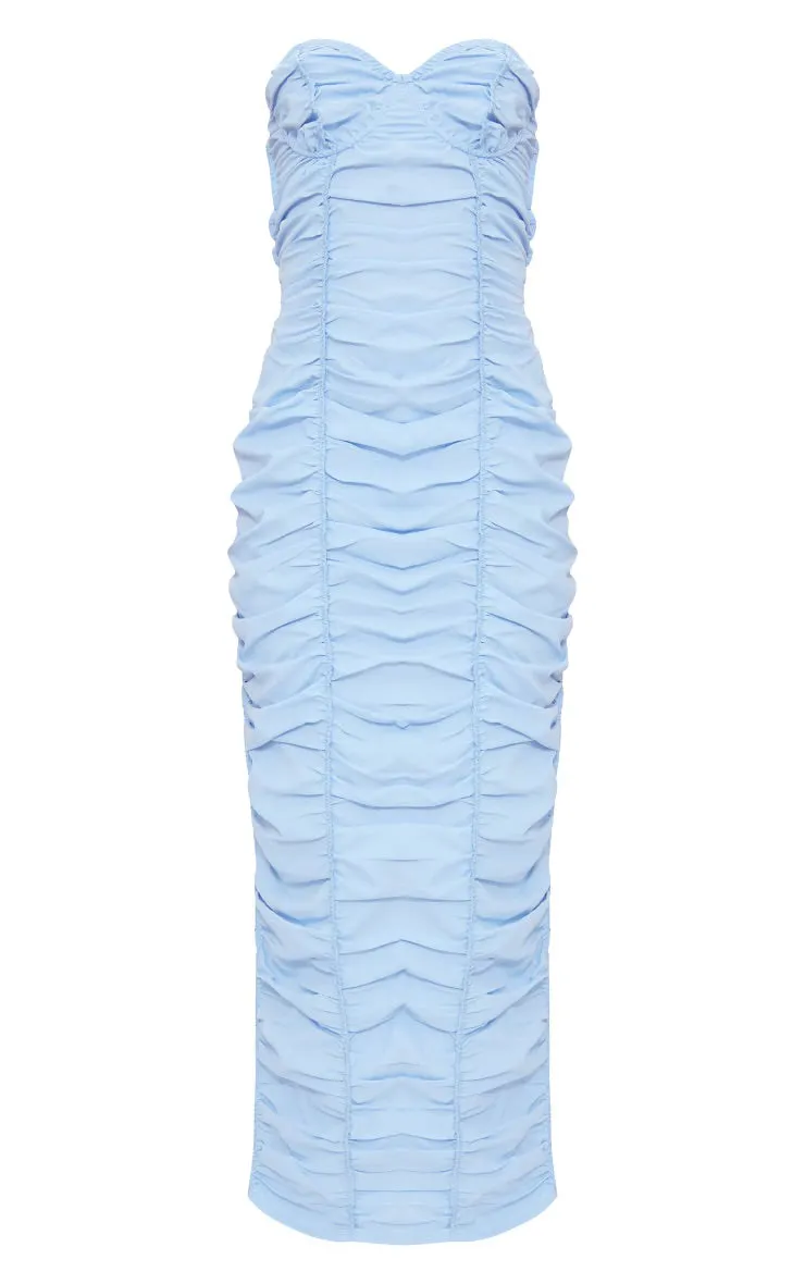 Light blue ruched underwired strappy back midaxi dress