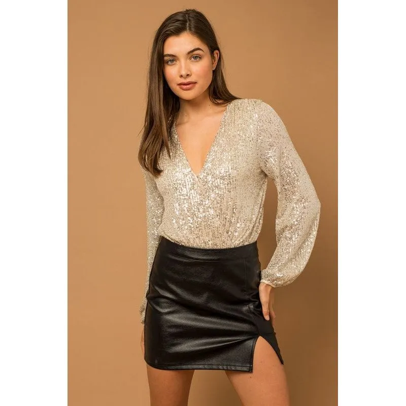 Long Sleeve Sequin Wrap Bodysuit