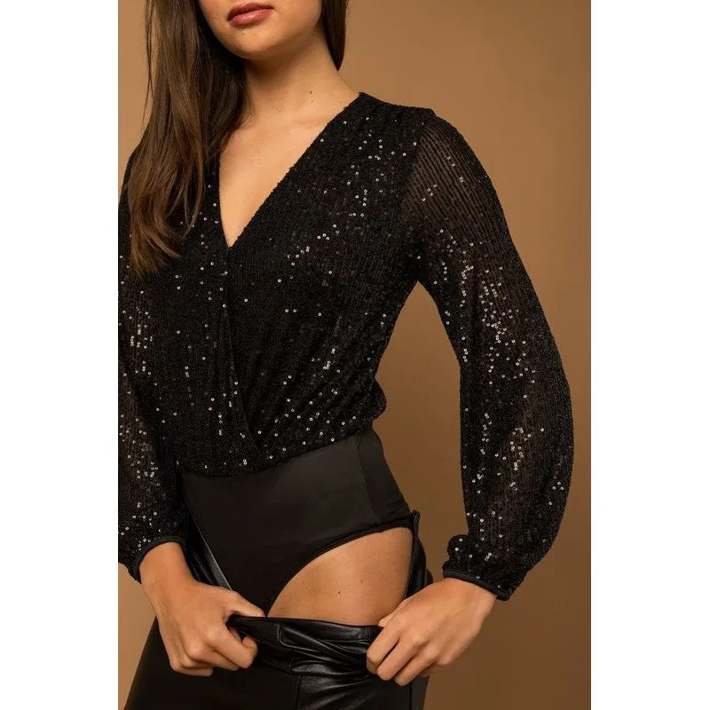 Long Sleeve Sequin Wrap Bodysuit