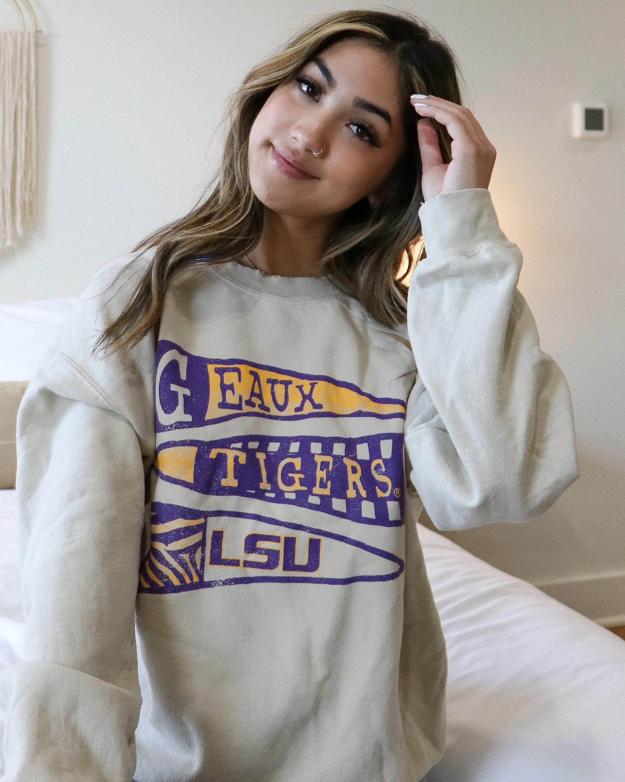 LSU Tigers Pennant Sand Thrifted Sweatshirt