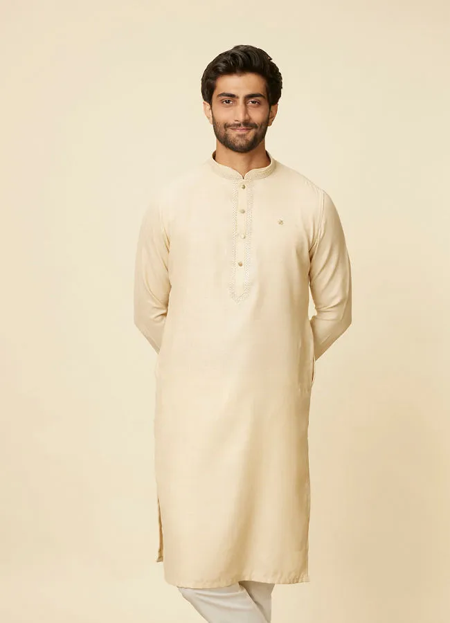 Manyawar Soft Beige Embroidered Neckline Kurta Set