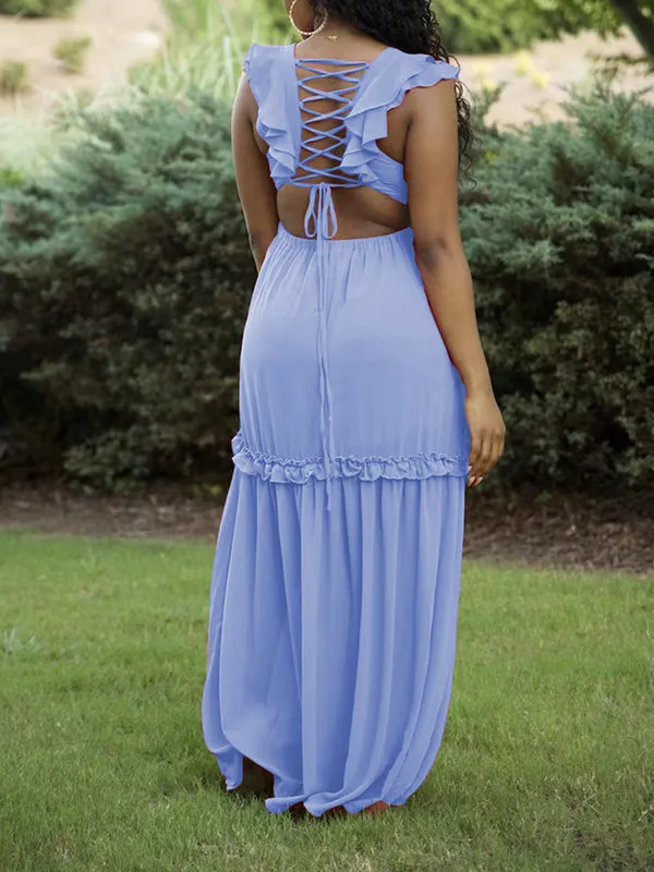 Momnfancy Light Blue Cut Out Backless Tie Back Jasmine Ruffle Baby Shower Maternity Dress