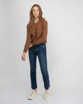 N073 DOUBLE RED HEART V-NECK SWEATER / BROWN