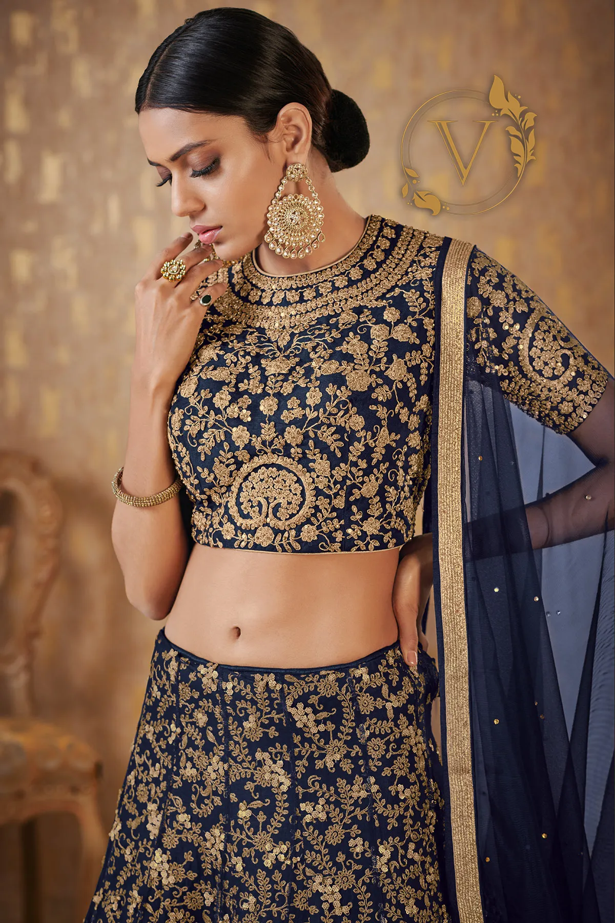 Navy Blue Art Silk Lehenga with Dupatta