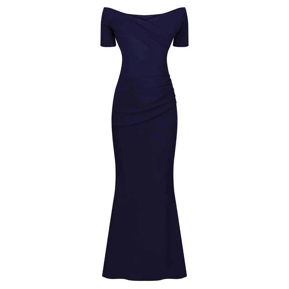 Navy Blue Bardot Capped Sleeve Maxi Dress