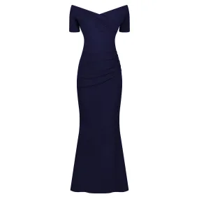 Navy Blue Bardot Capped Sleeve Maxi Dress