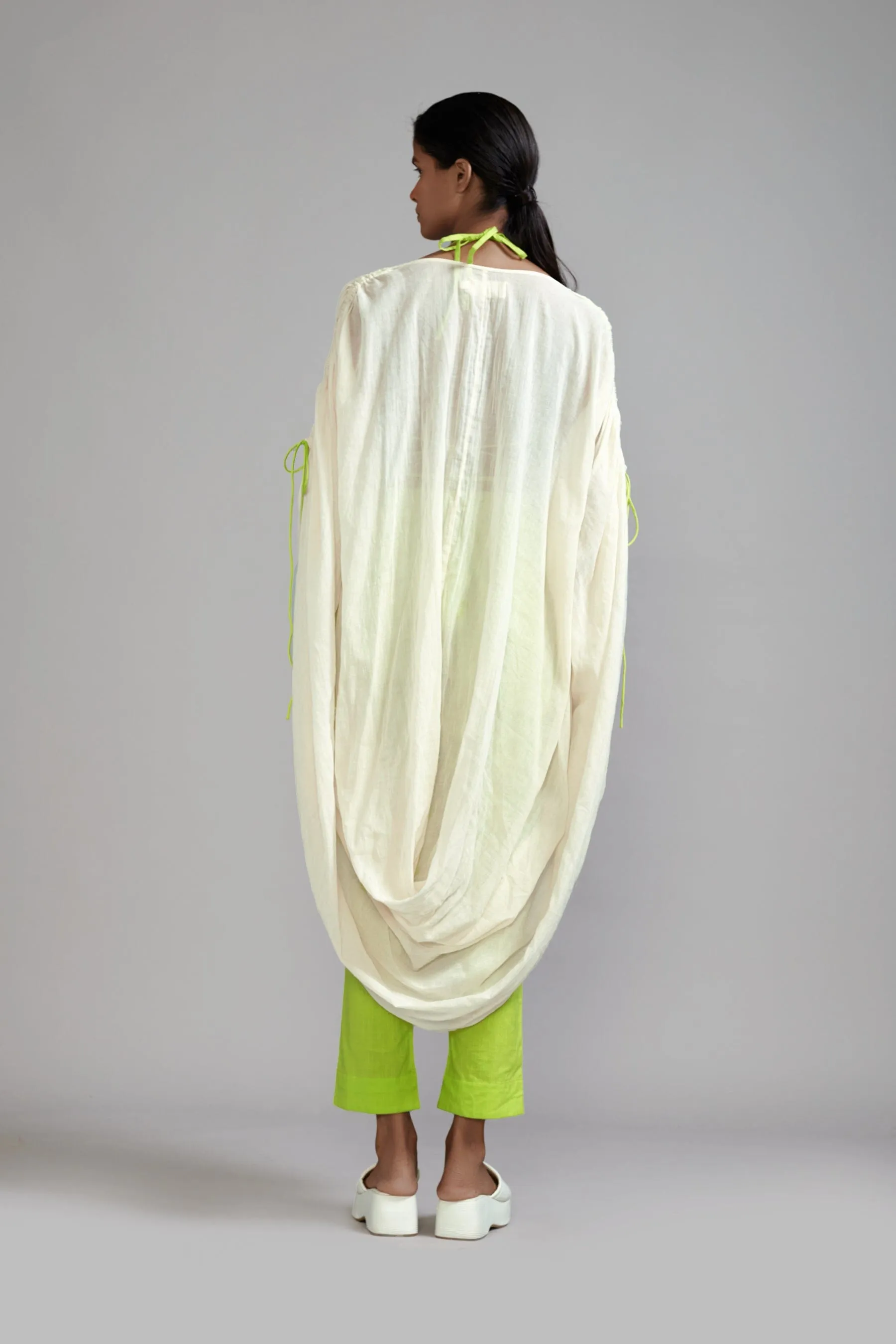 Off-White with Neon Green Gathered Cowl Tunic Set (3 PCS)