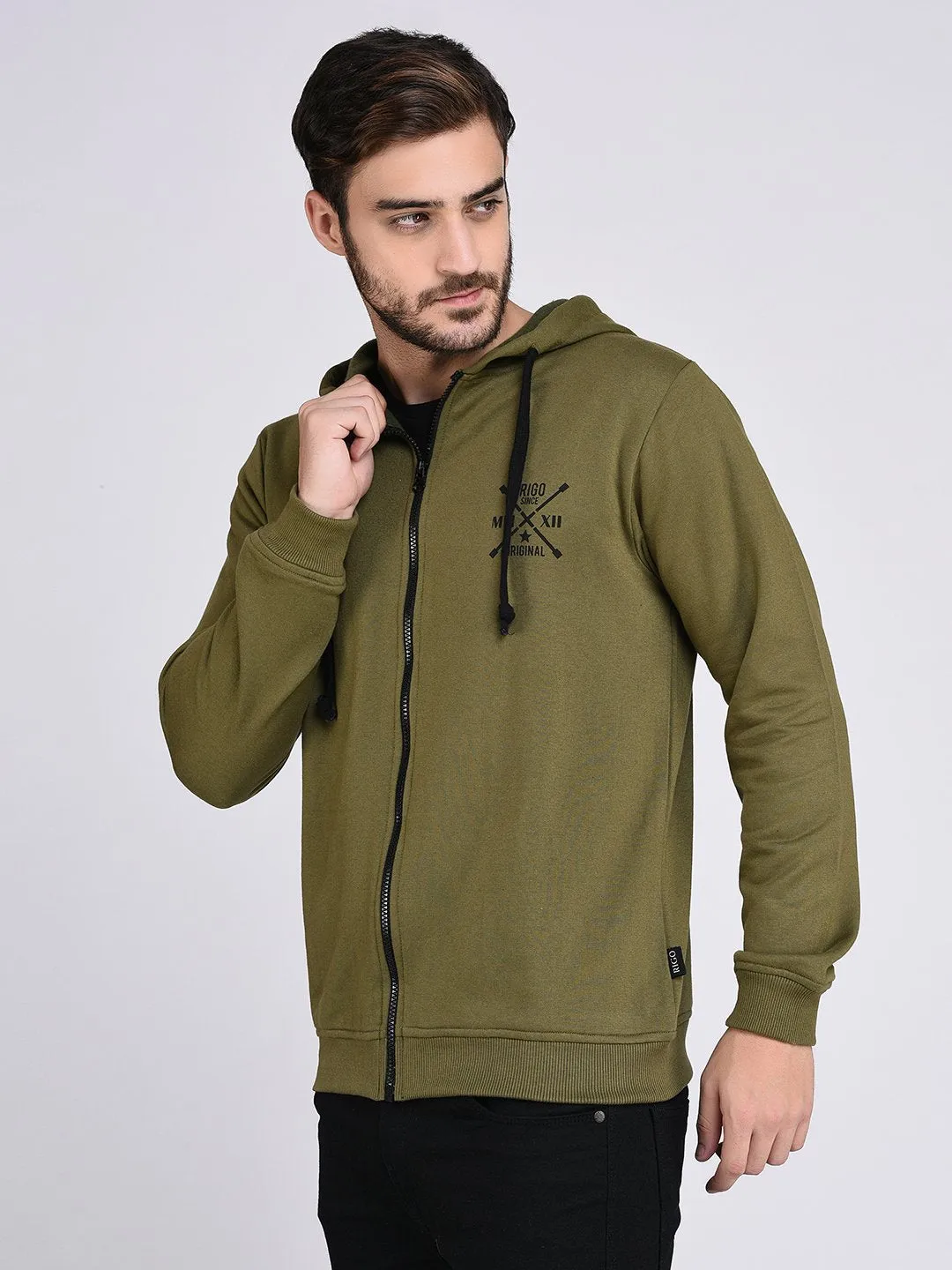 Olive Green Fleece Hooded With Front Zip Open sweatshirt-Full