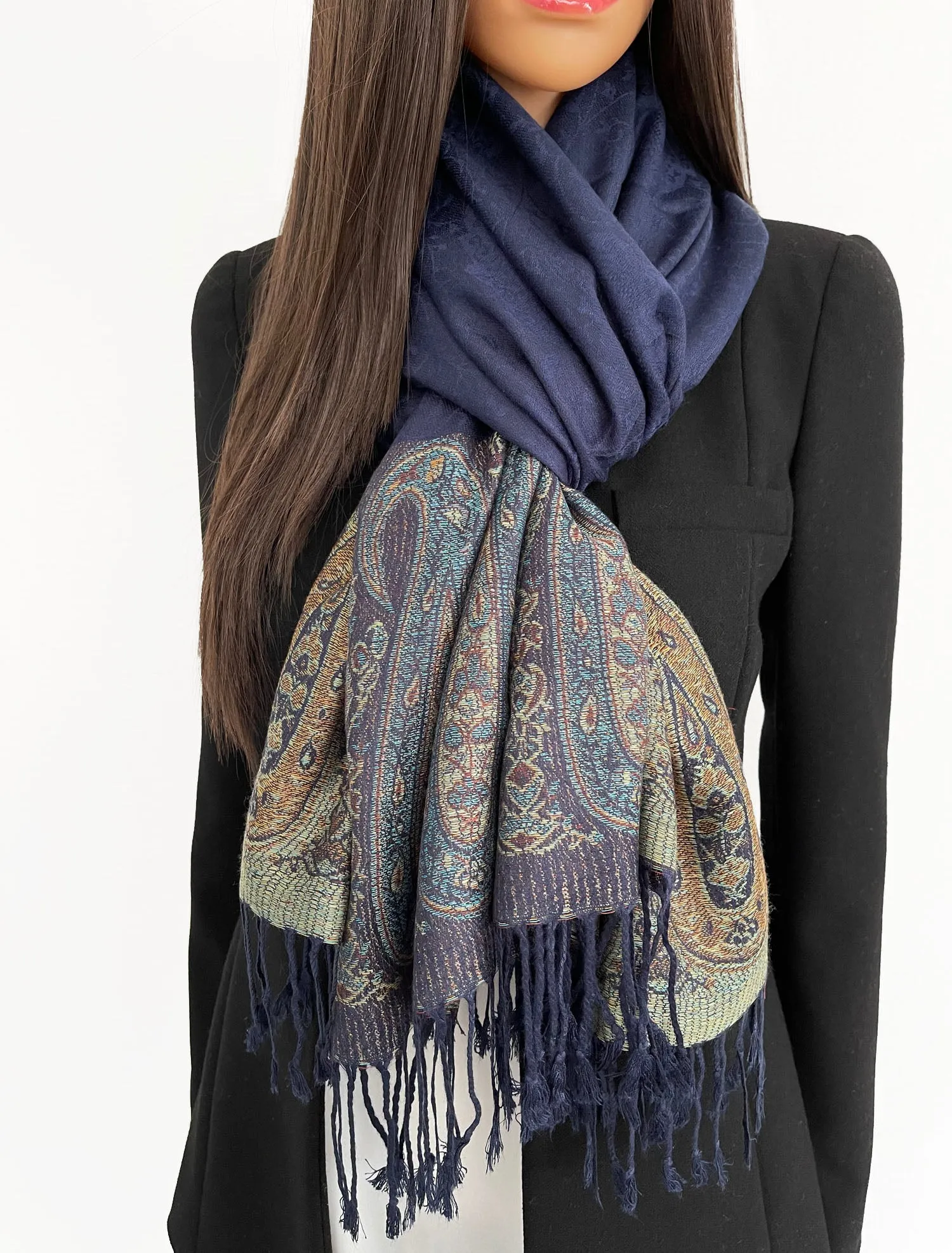 PAISLEY PRINT NAVY BLUE LIGHTWEIGHT PASHMINA SHAWL SCARF