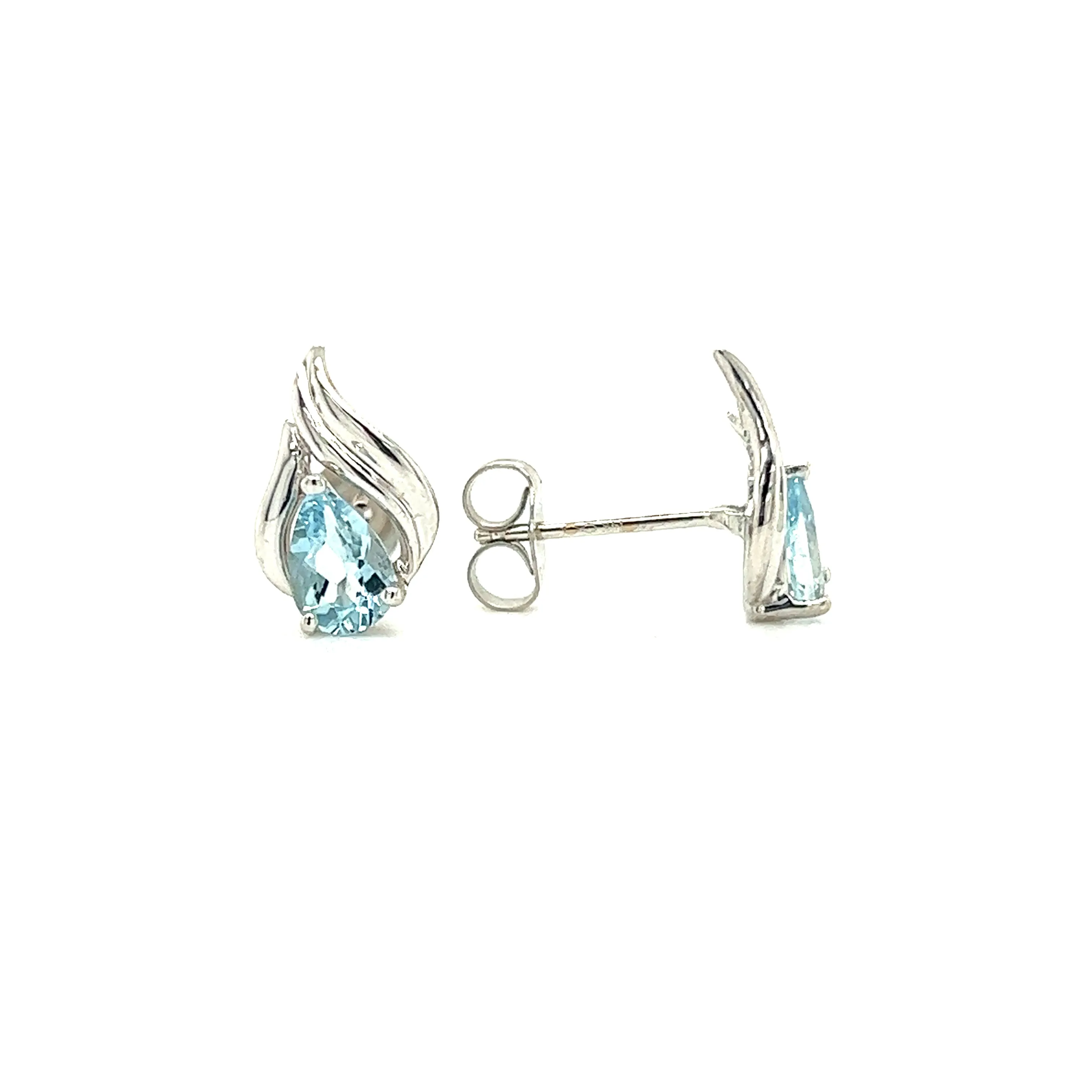 Pear Aquamarine Stud with Flame Motifs Earrings in 14K White Gold