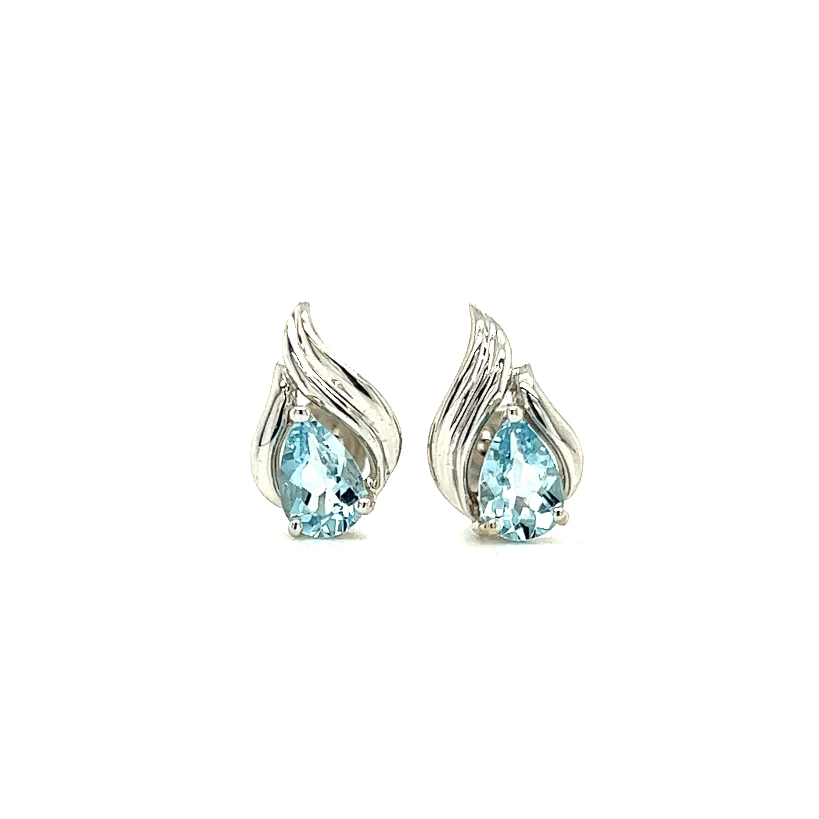 Pear Aquamarine Stud with Flame Motifs Earrings in 14K White Gold