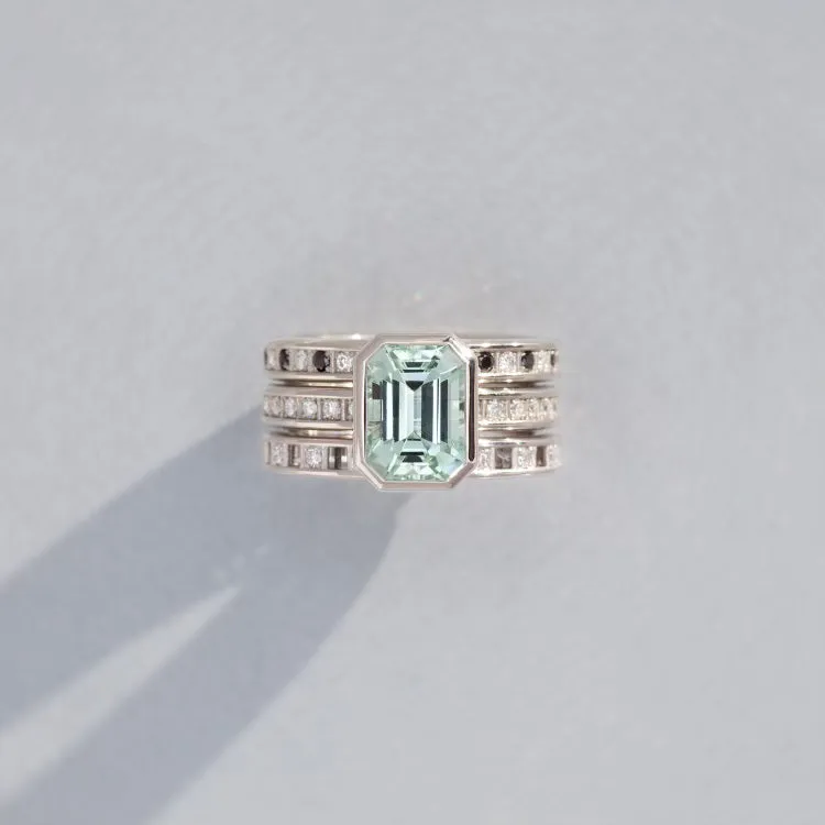 Pixel Dust Solitaire Ring - Emerald Cut Pale Green Tourmaline in White Gold