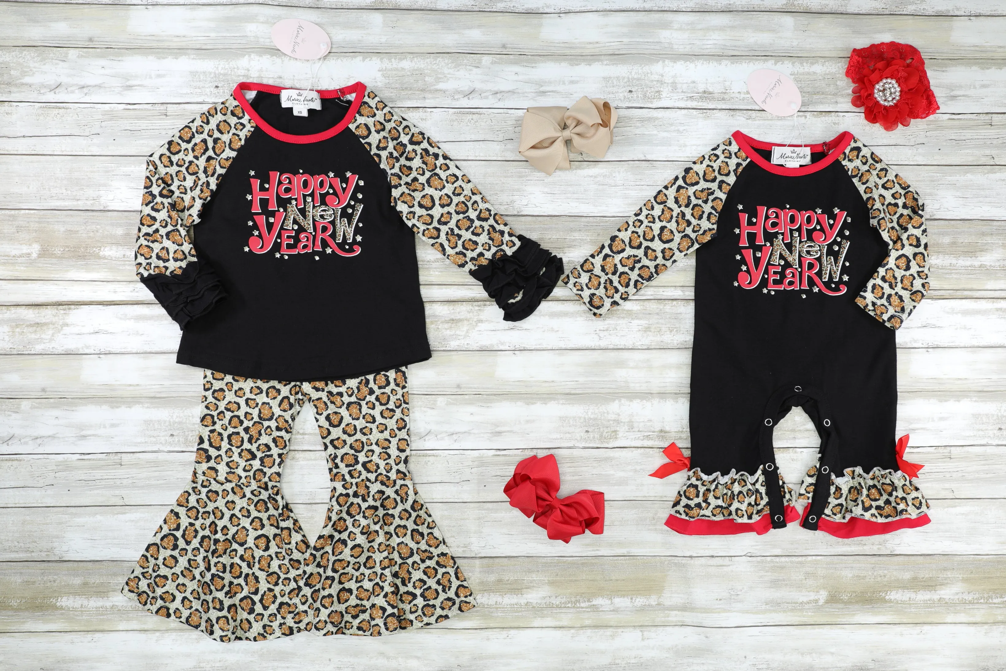 "Happy New Year" Leopard Raglan Ruffle Romper