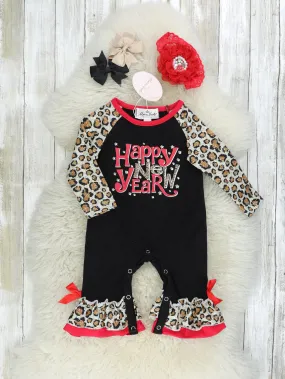 "Happy New Year" Leopard Raglan Ruffle Romper