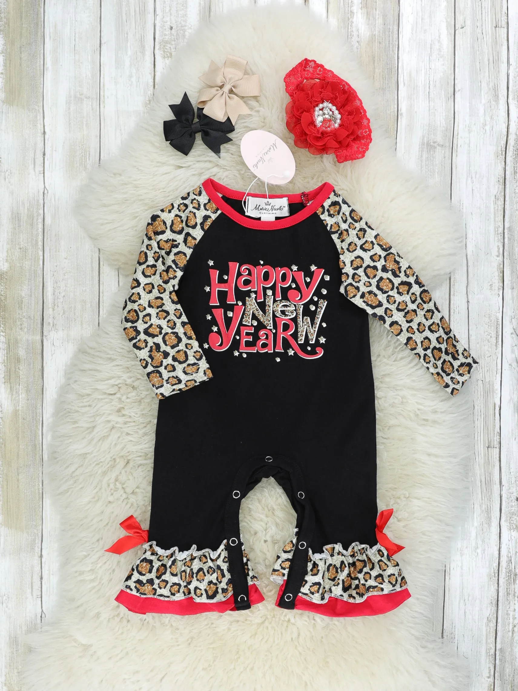 "Happy New Year" Leopard Raglan Ruffle Romper