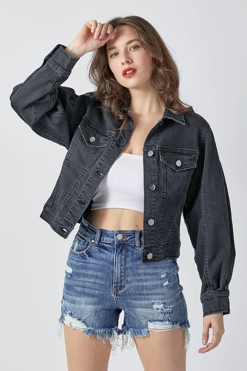 "Johnnie" Short Waisted Denim Jacket (Black)