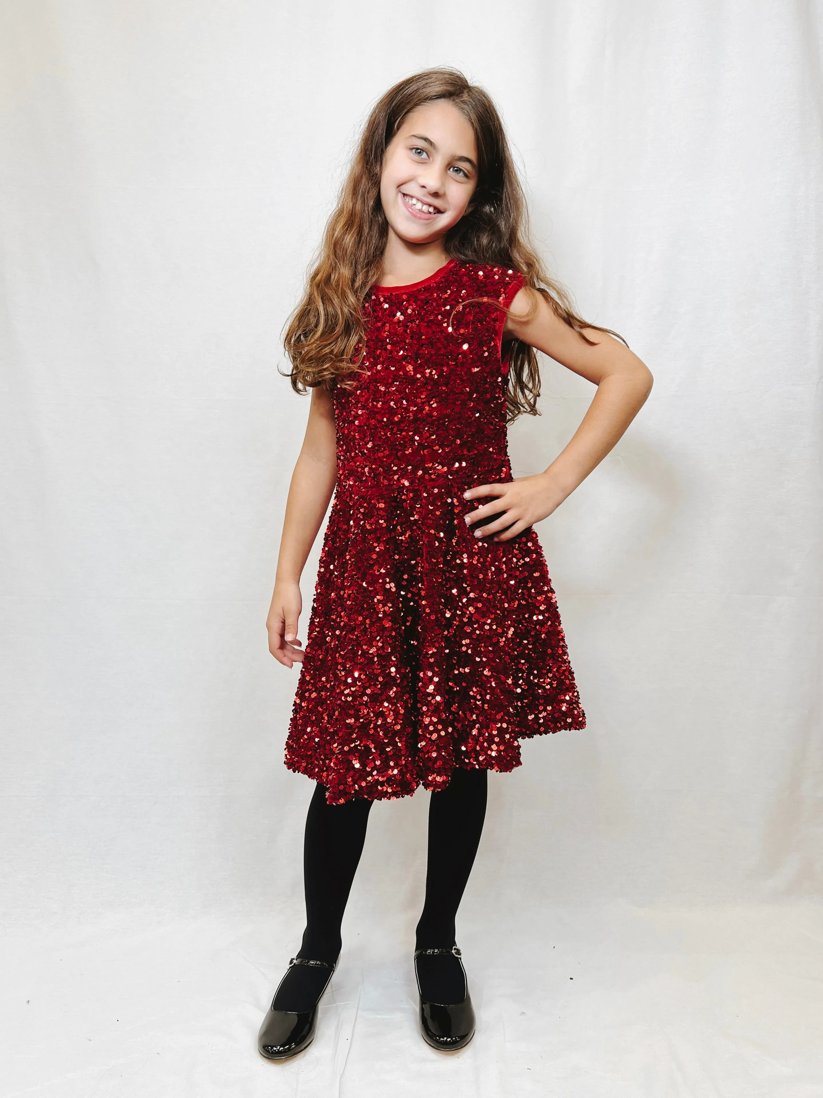 Red velvet sequin flare dress