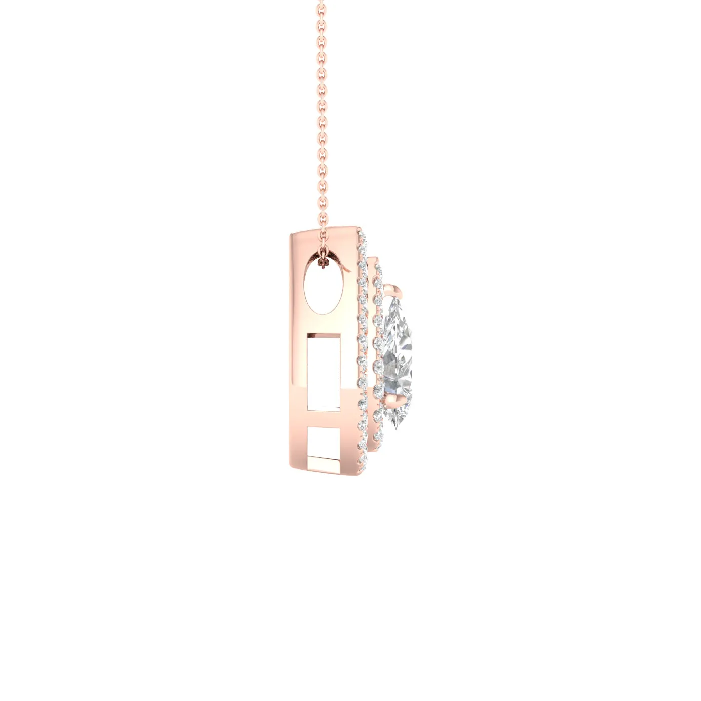 Rose Gold Pear Cut Diamond Pendant With Halo, Chain Included