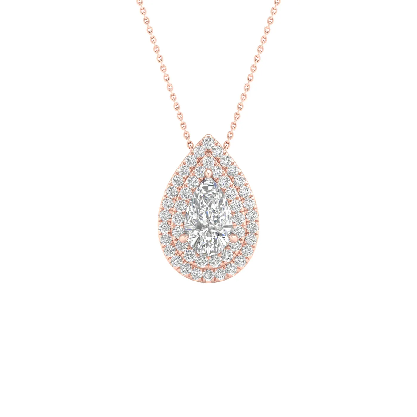 Rose Gold Pear Cut Diamond Pendant With Halo, Chain Included