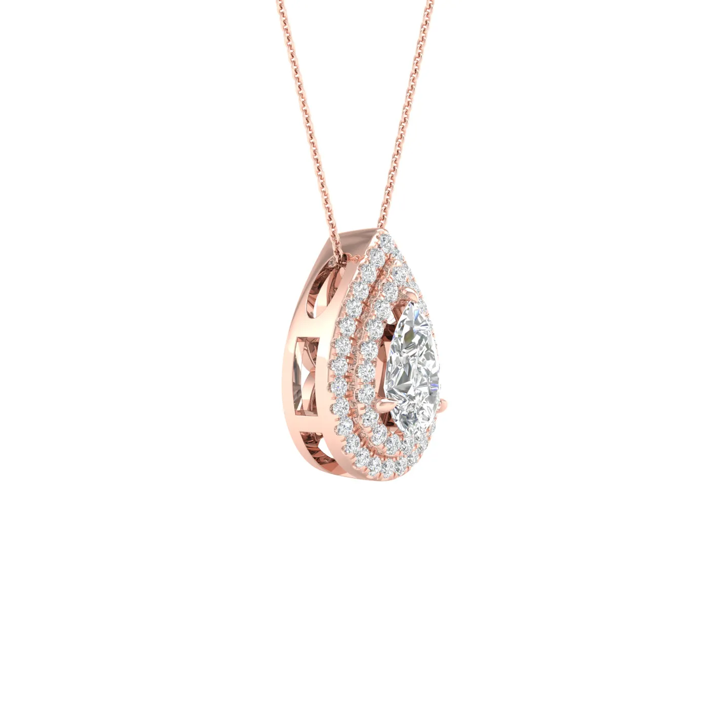 Rose Gold Pear Cut Diamond Pendant With Halo, Chain Included