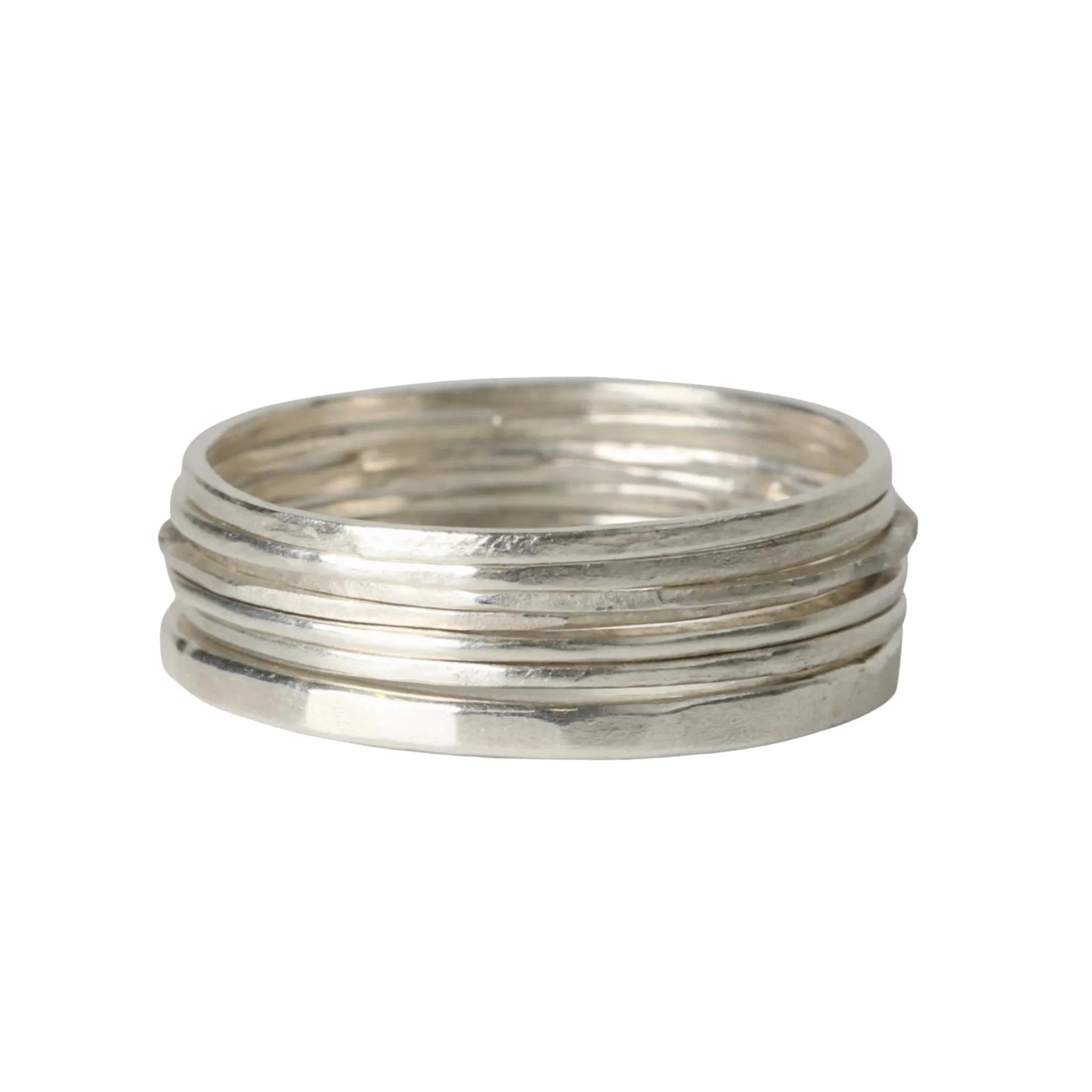 Set of 7 Sterling Silver Hammered Stacking Bands with Varying Thicknesses