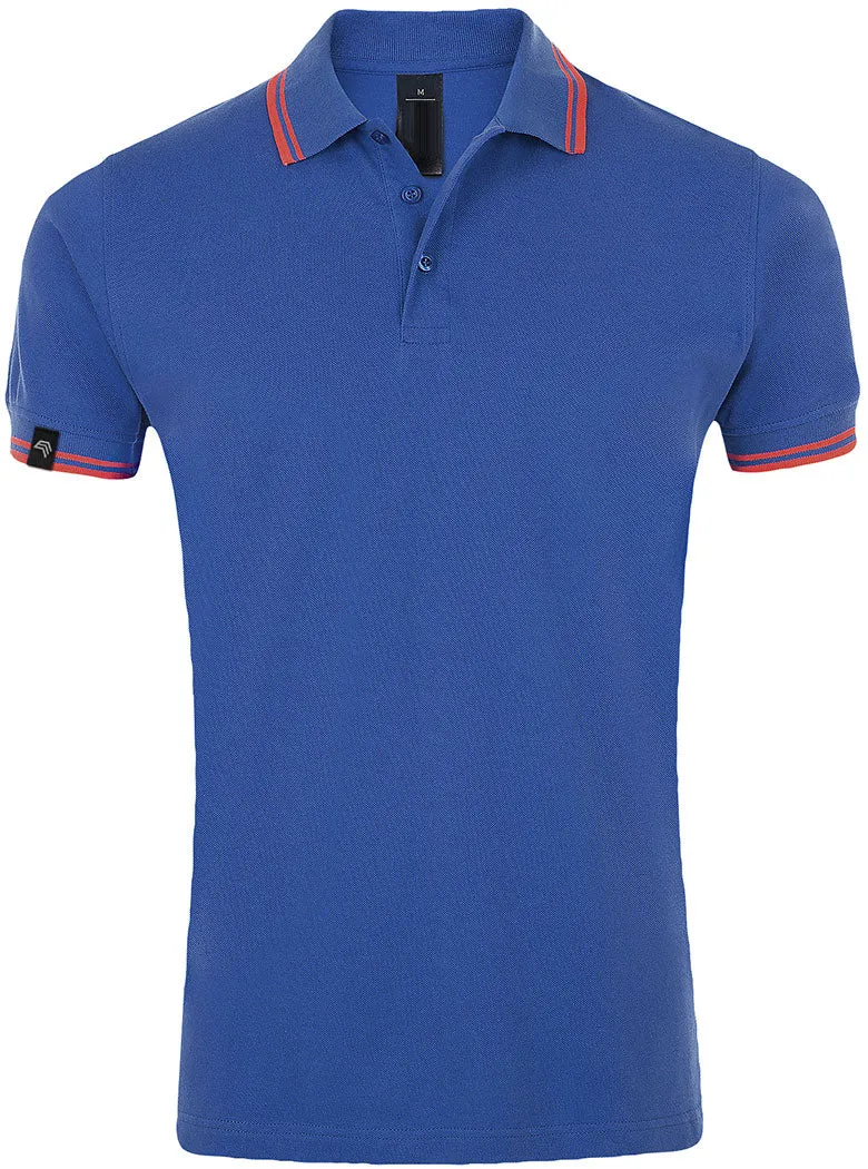 SLS 0577 ― Kontraststreifen Polo Shirt - Royal Blau / Coral Rot Orange