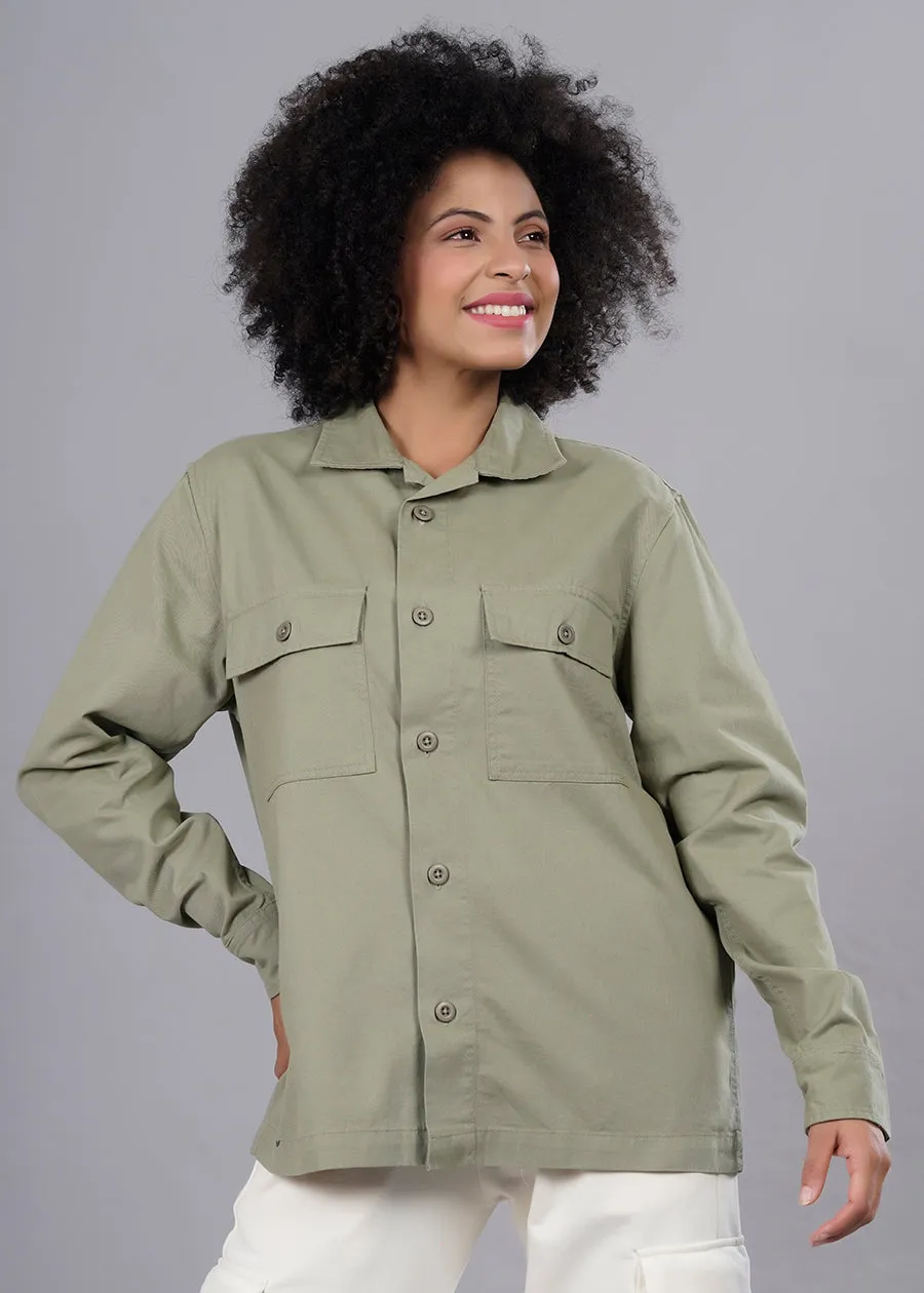 Solid Olive Green Shacket For Women | Pronk