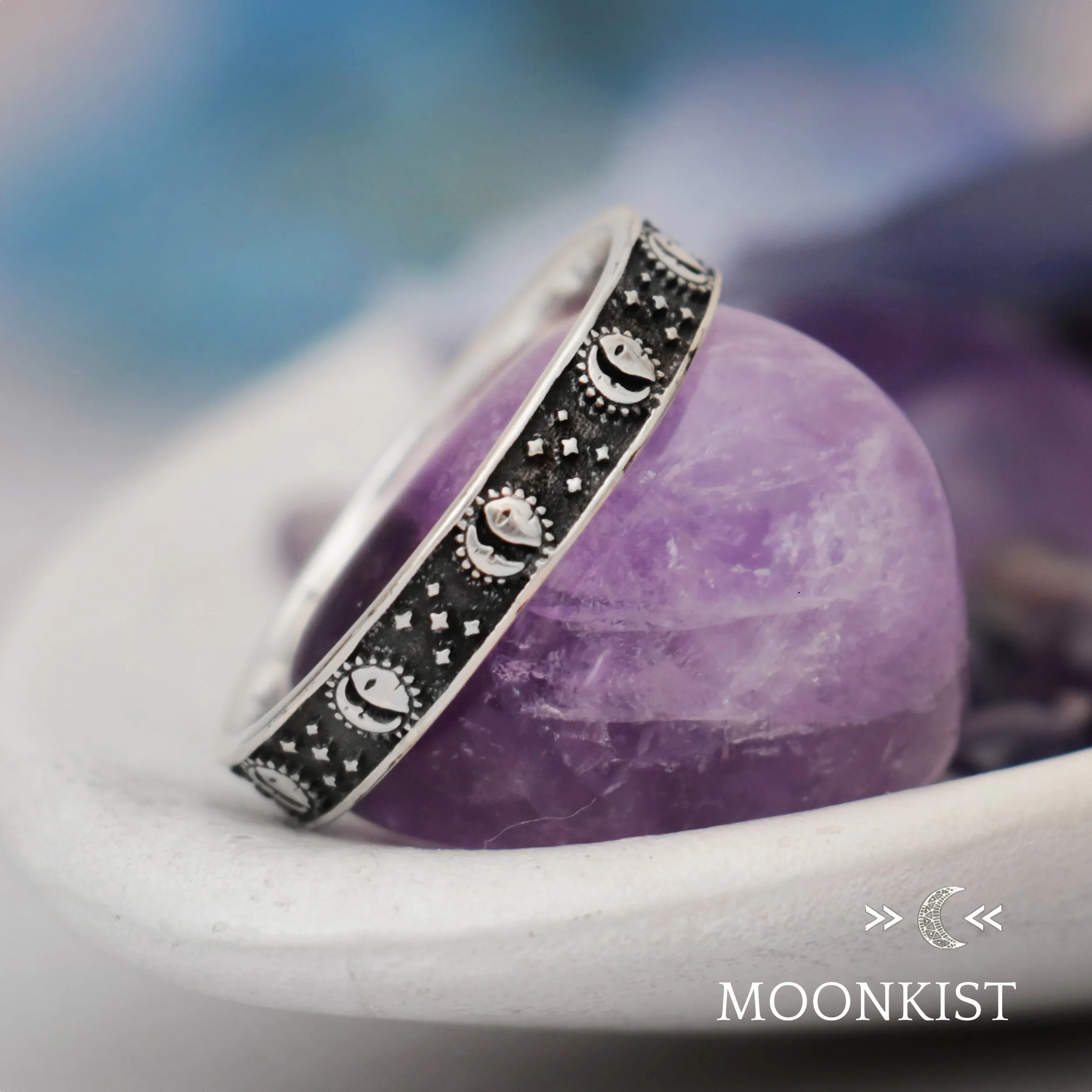 Sterling Silver Sun and Moon Ring Narrow Wedding Band | Moonkist Designs