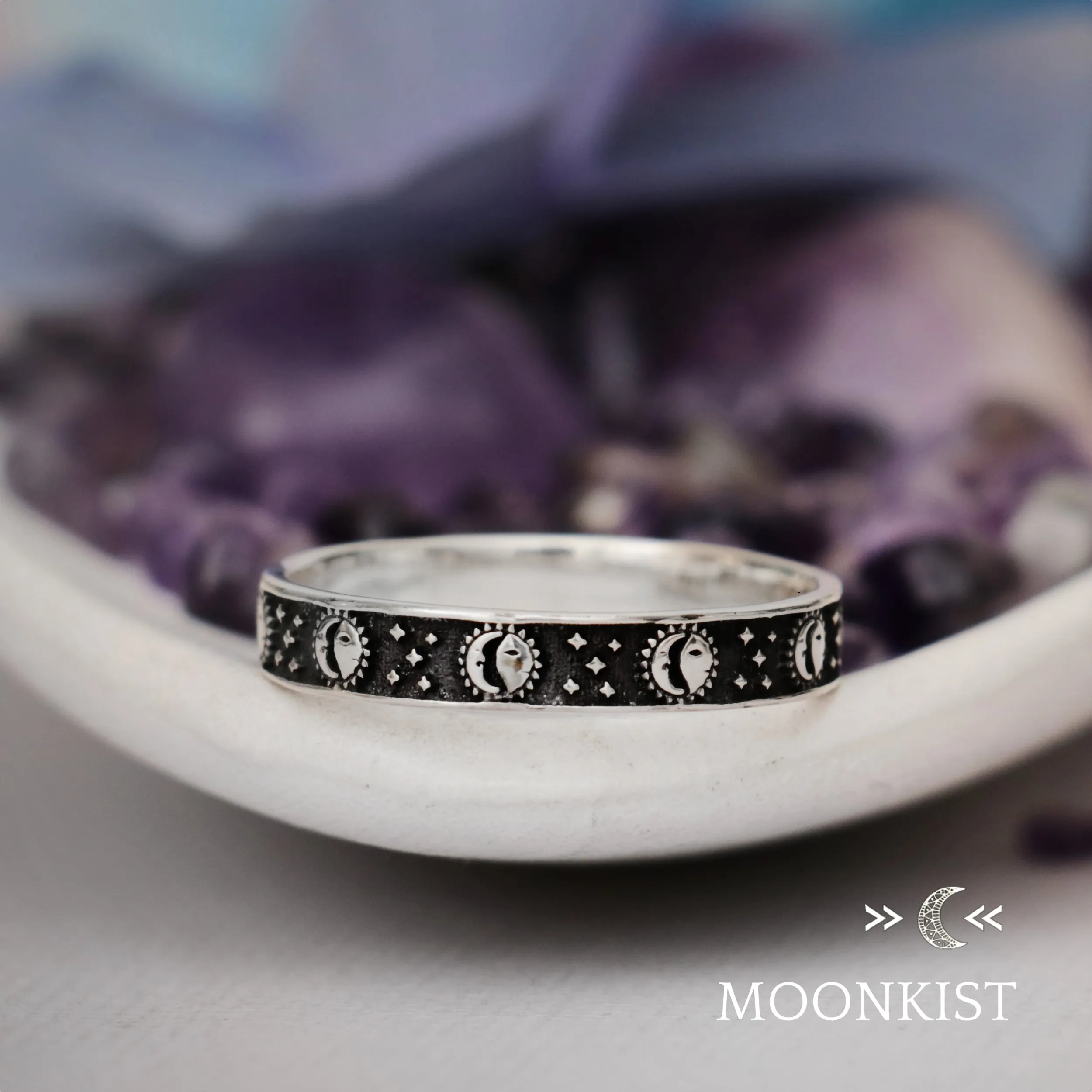 Sterling Silver Sun and Moon Ring Narrow Wedding Band | Moonkist Designs