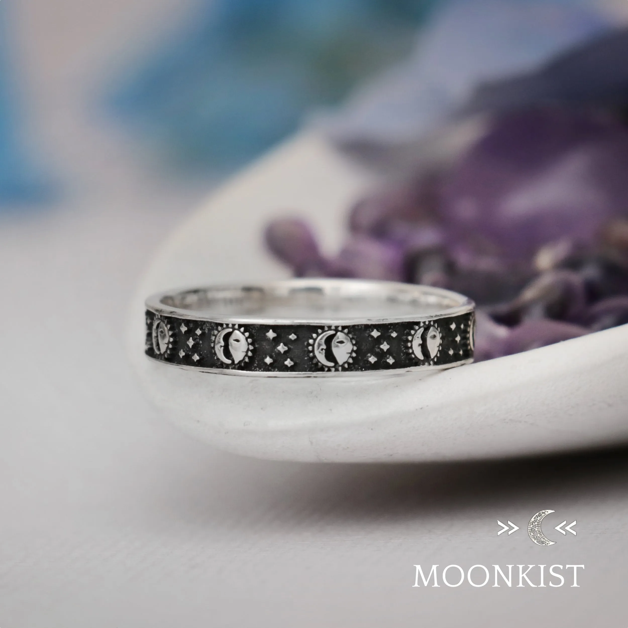 Sterling Silver Sun and Moon Ring Narrow Wedding Band | Moonkist Designs