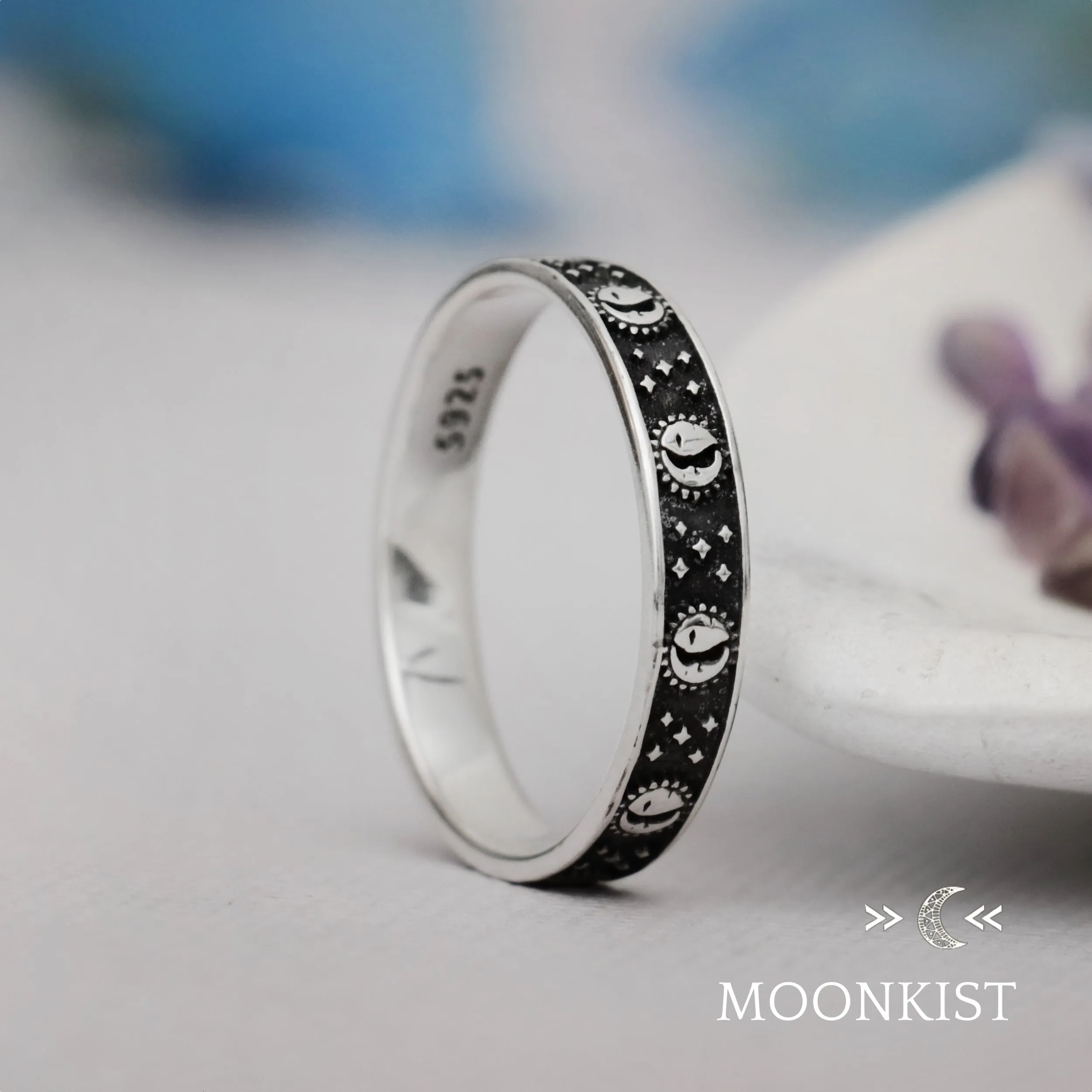 Sterling Silver Sun and Moon Ring Narrow Wedding Band | Moonkist Designs