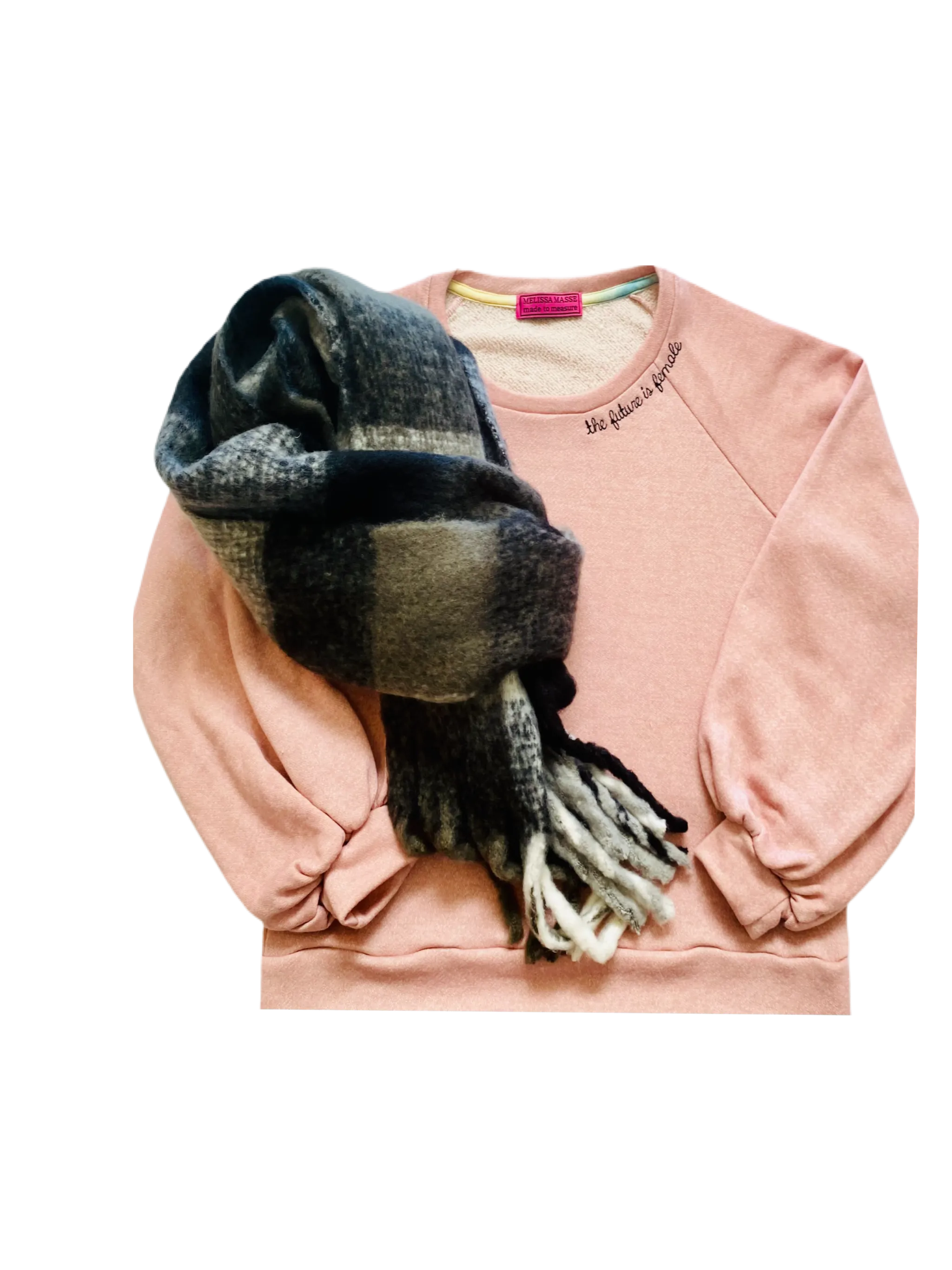 The Future is Female Sweatshirt  Heather blush with black bean stitch embroidered neckline