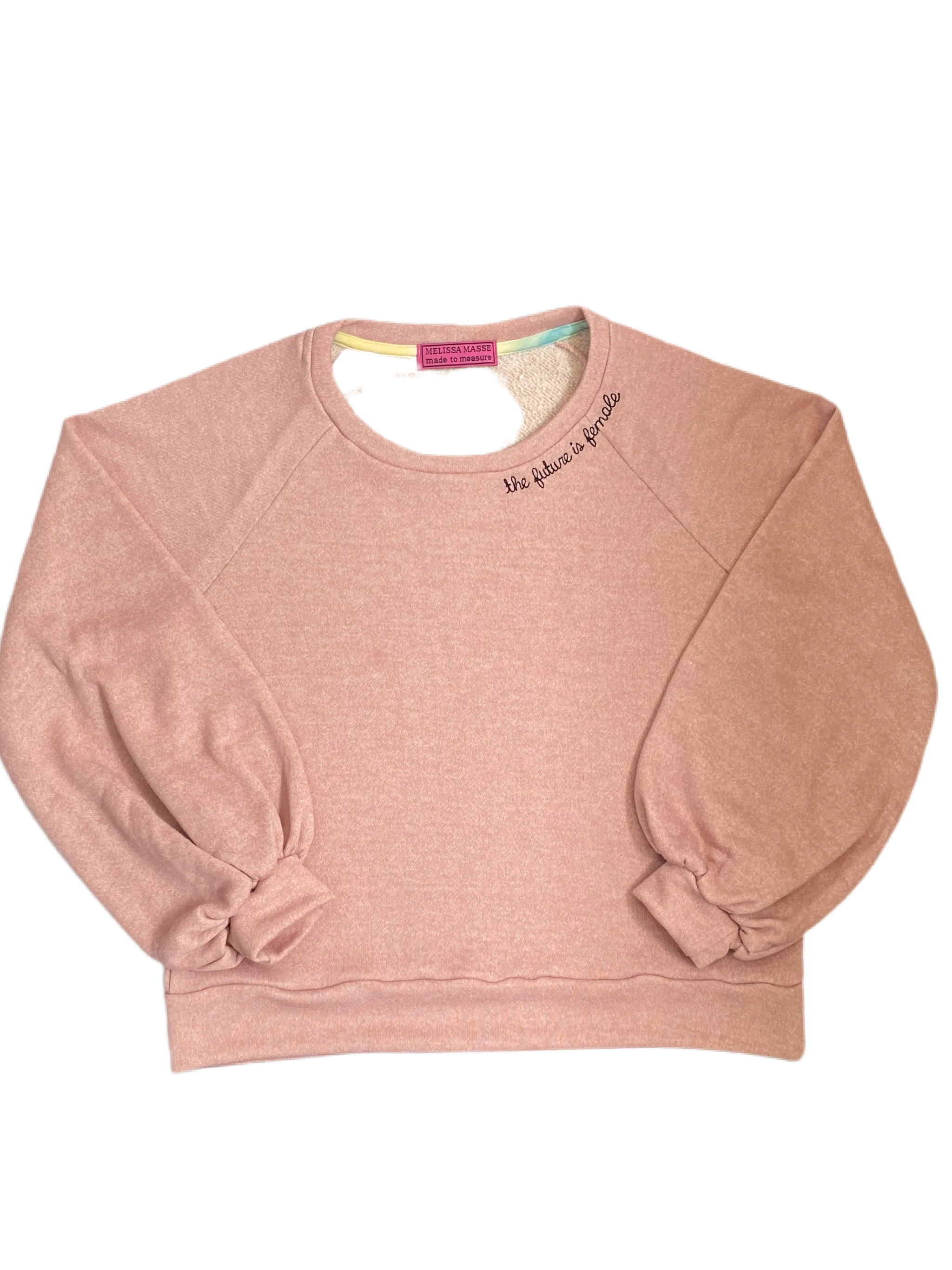 The Future is Female Sweatshirt  Heather blush with black bean stitch embroidered neckline