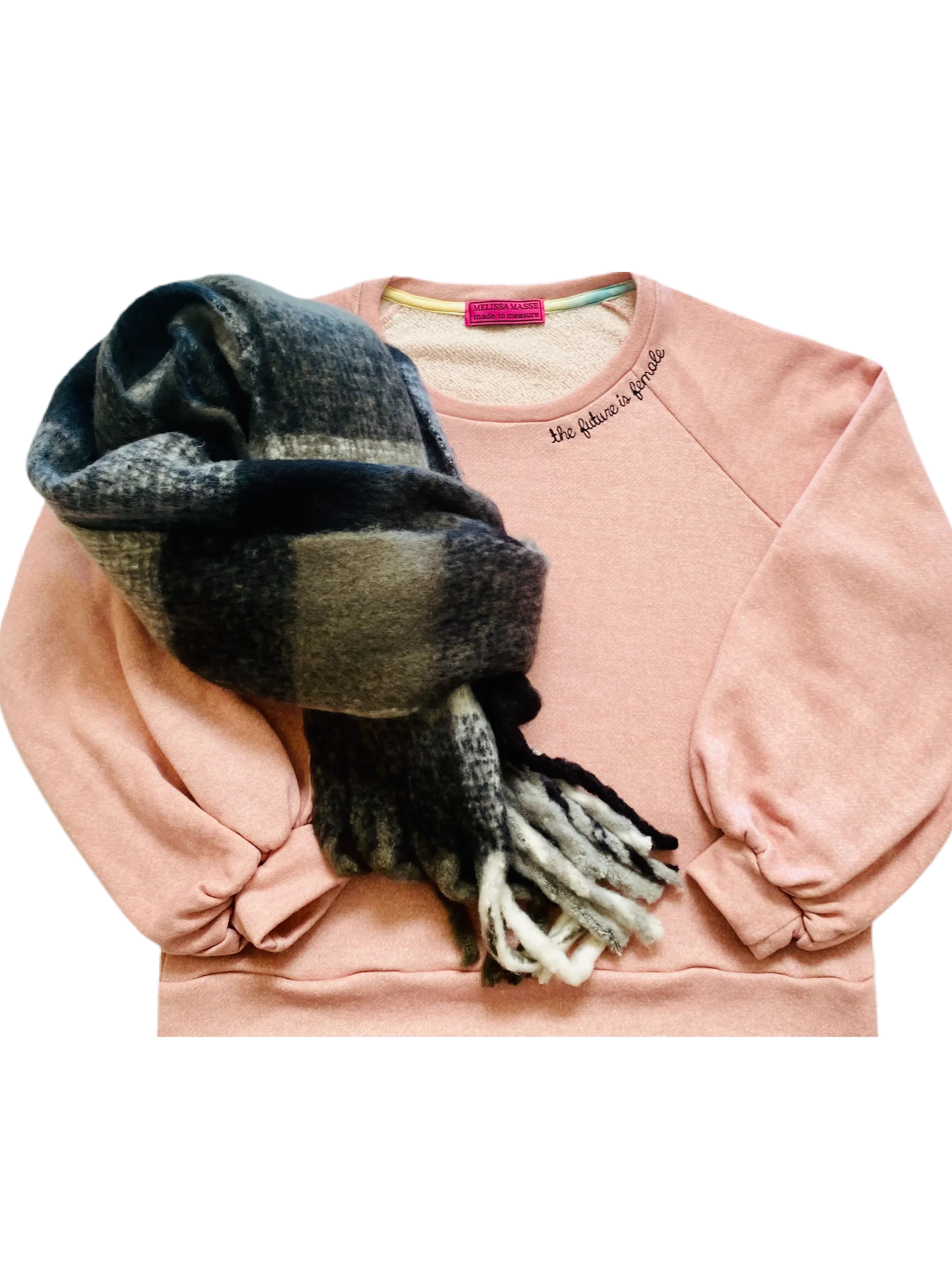 The Future is Female Sweatshirt  Heather blush with black bean stitch embroidered neckline