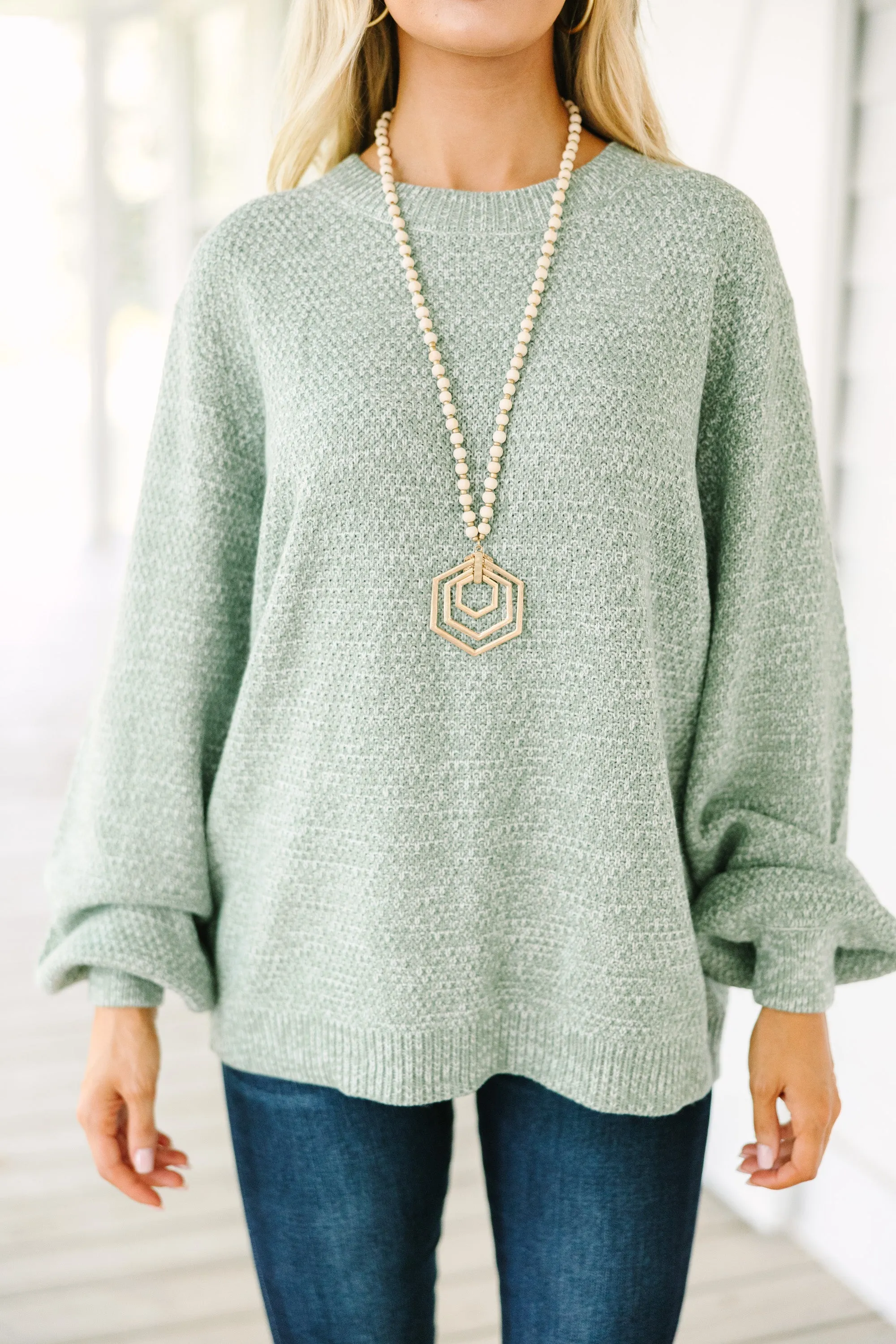 The Slouchy Sage Green Bubble Sleeve Sweater