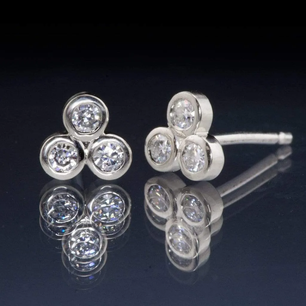 Tiny Three Moissanite Trio Bezel Cluster Stud White Gold Earrings, Ready To Ship