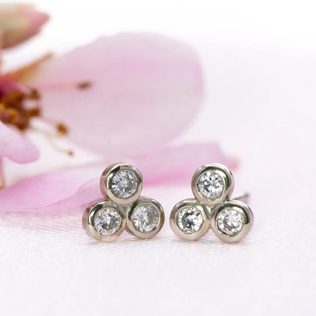 Tiny Three Moissanite Trio Bezel Cluster Stud White Gold Earrings, Ready To Ship