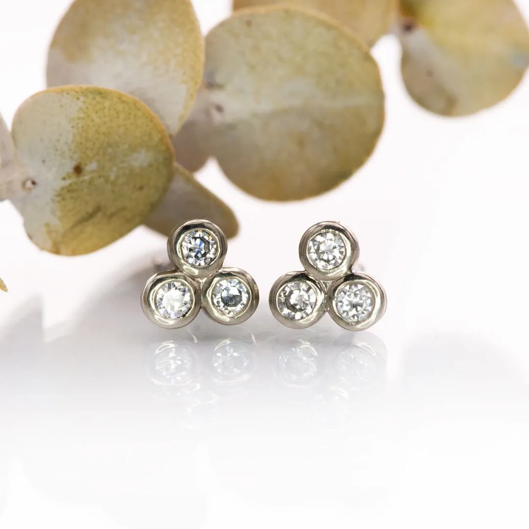 Tiny Three Moissanite Trio Bezel Cluster Stud White Gold Earrings, Ready To Ship