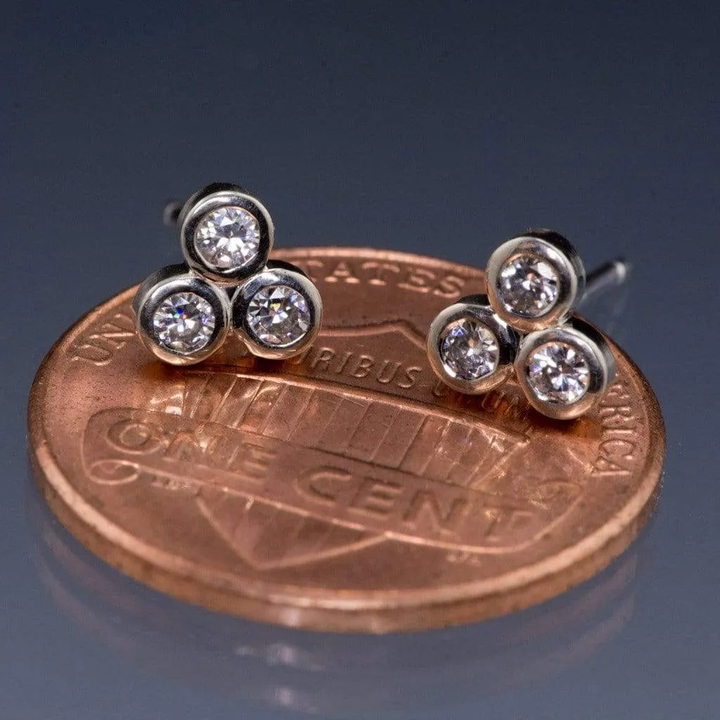 Tiny Three Moissanite Trio Bezel Cluster Stud White Gold Earrings, Ready To Ship