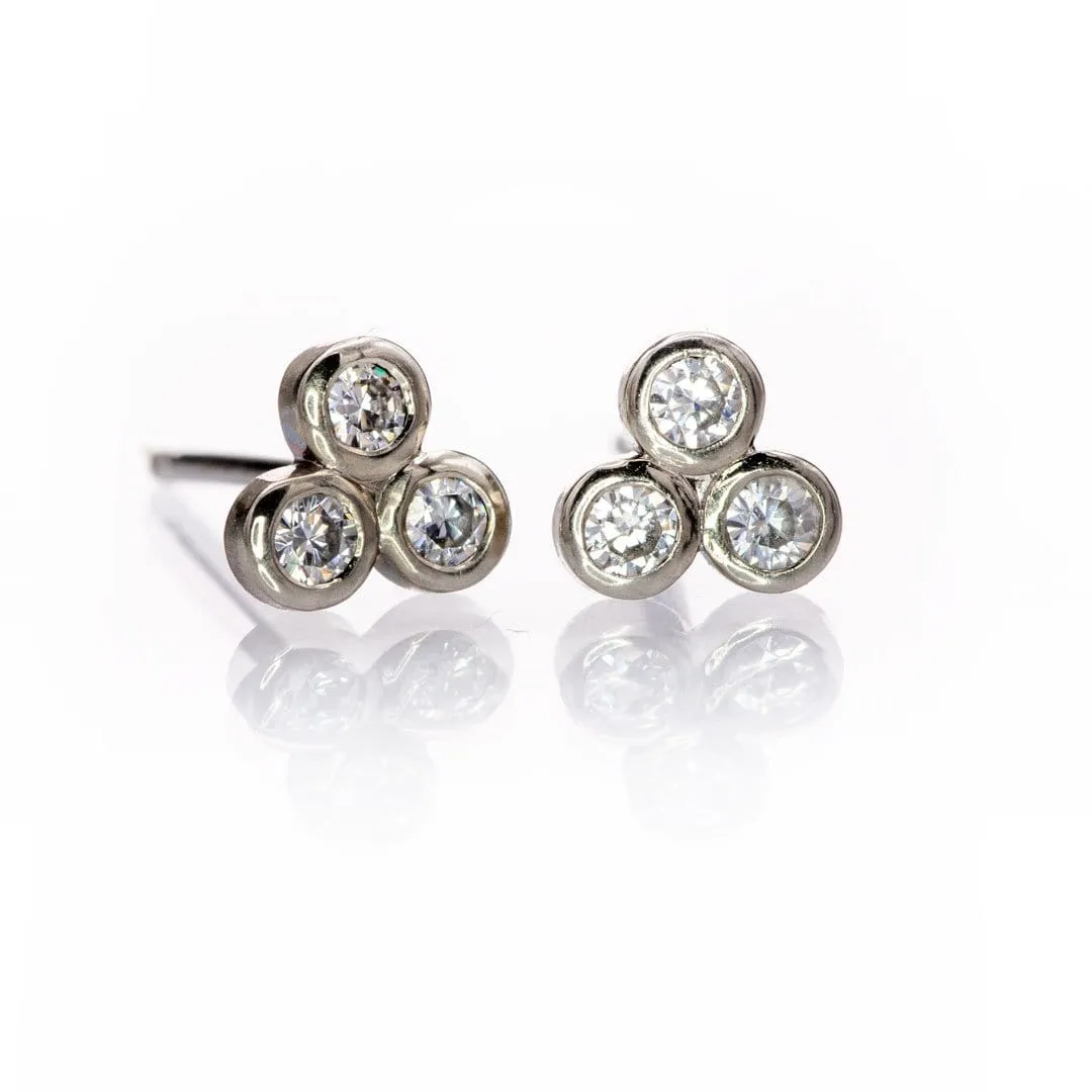 Tiny Three Moissanite Trio Bezel Cluster Stud White Gold Earrings, Ready To Ship