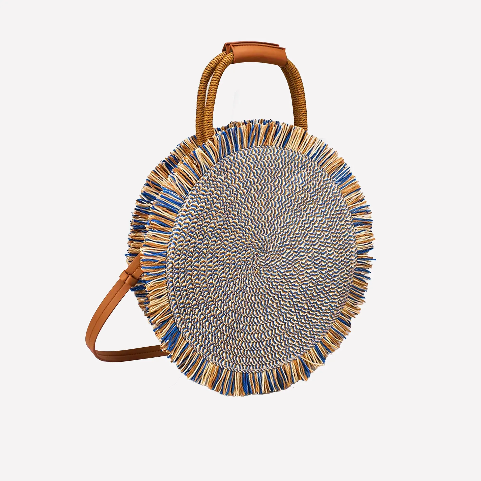 Trendsetting Fringed Round Woven Straw Beach Bag