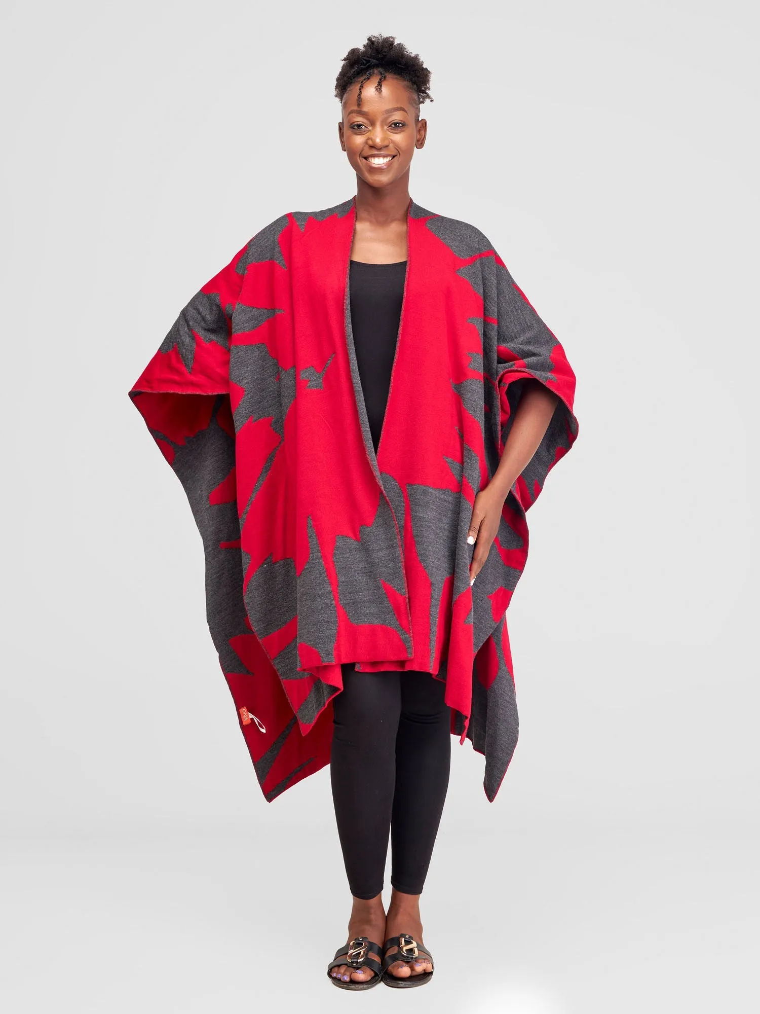 Vivo Reversible Printed Poncho - Dark Red  / Grey Pepeo Print