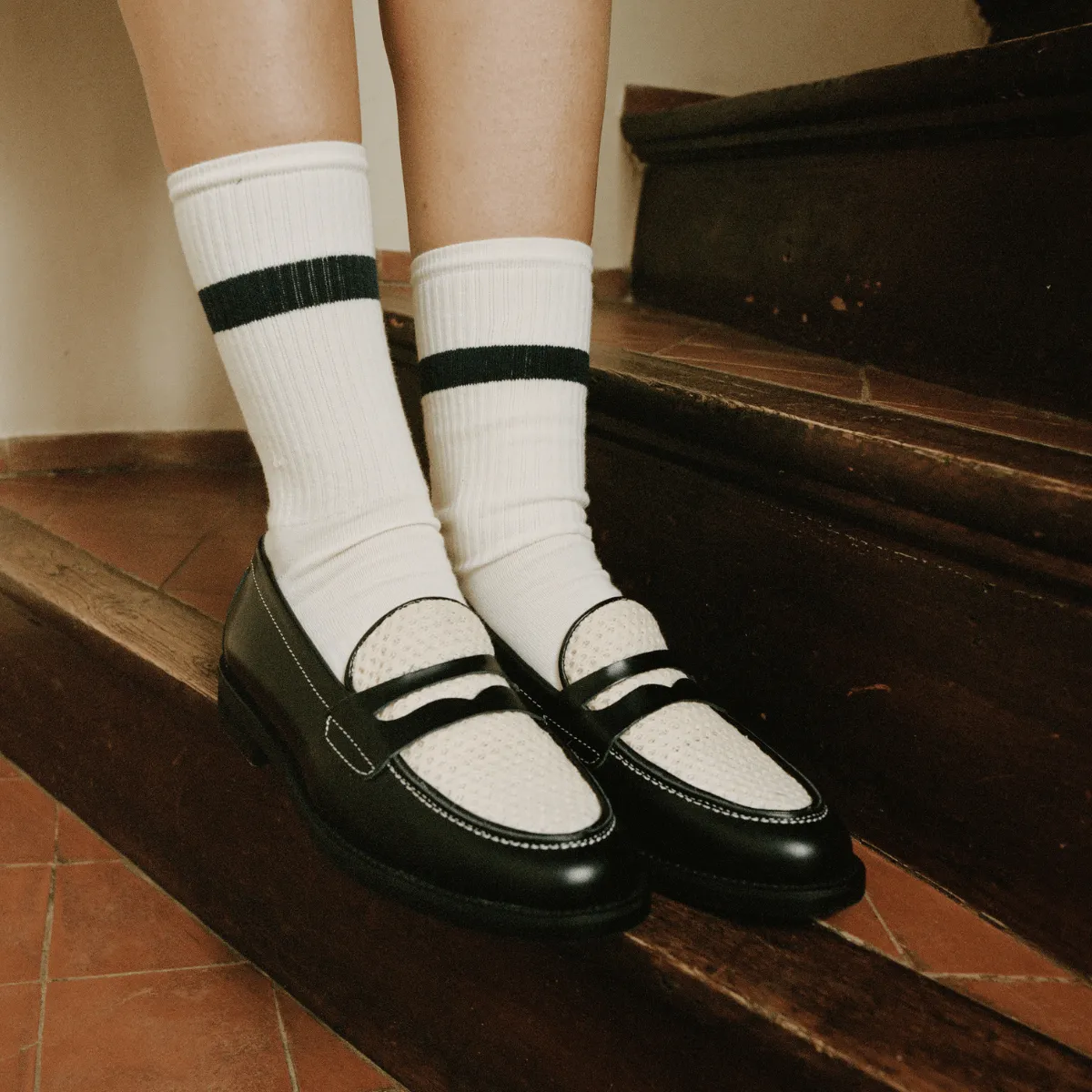 Wilde Black   White Rattan Penny Loafer - Women's